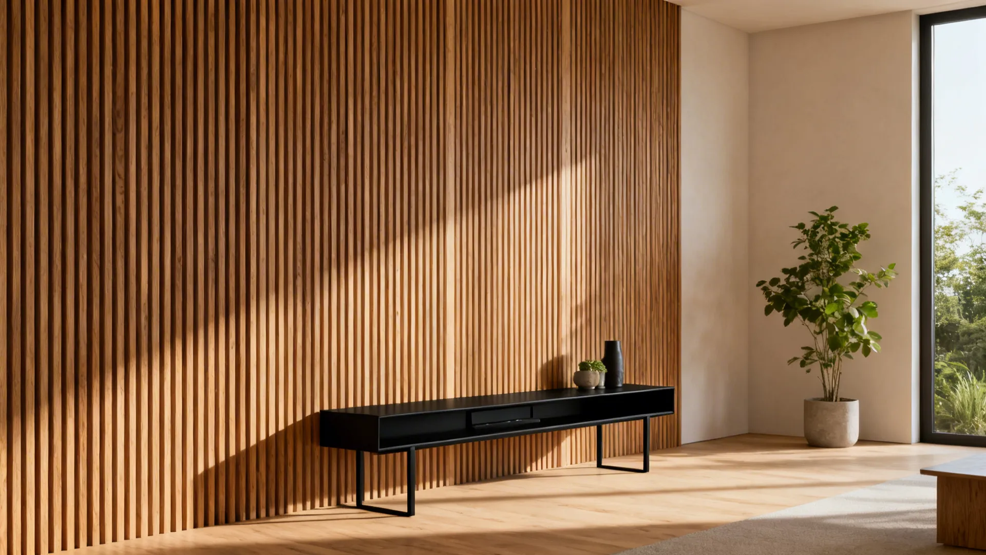 Vertical oak slat TV wall adds height and texture in a small living room.