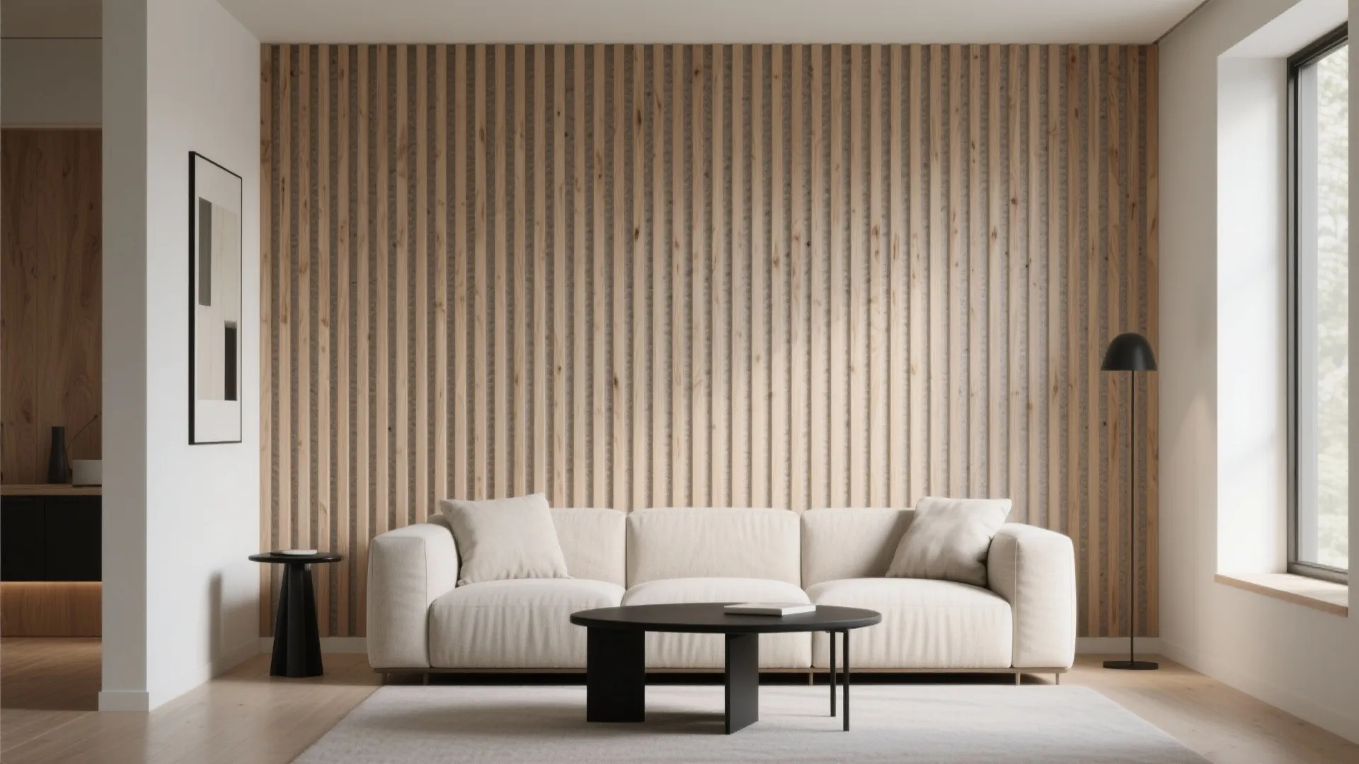 Slatted Wood Feature Wall with Acoustic Warmth