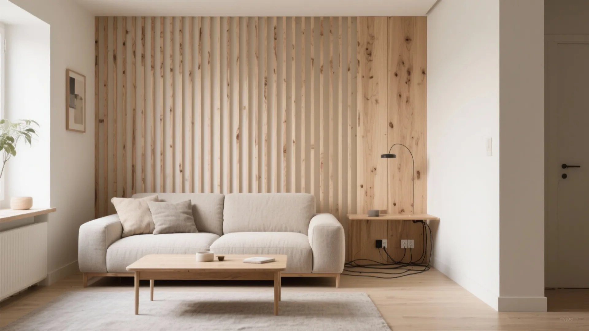 Minimalist living room featuring a light beige sofa wooden coffee table and vertical wall panels