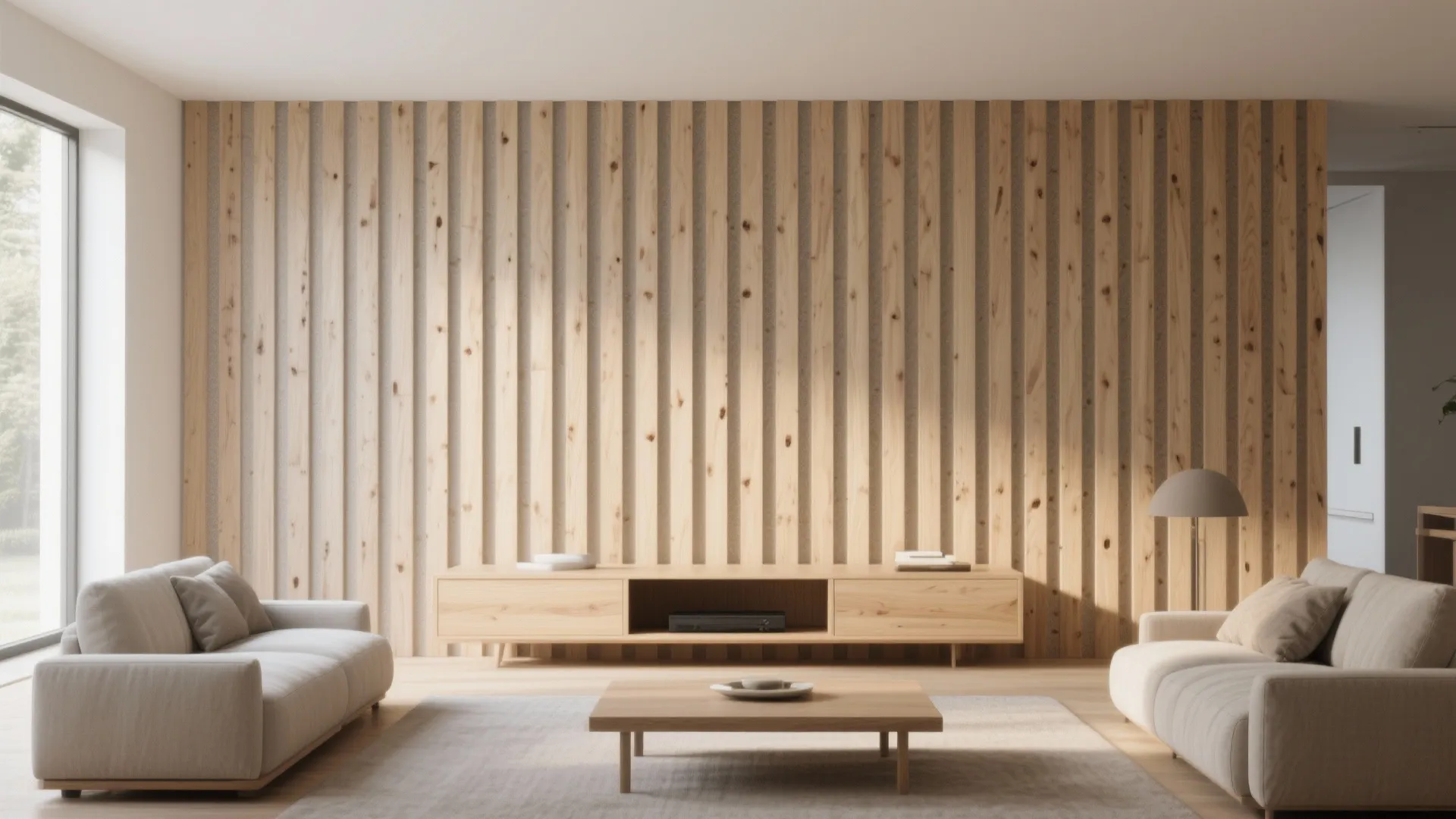 Minimalist living room with oak wood slat wall panel cream sofas wooden cabinet and rug