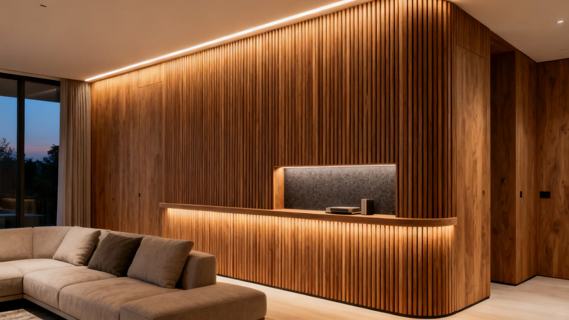 Vertical oak slat feature wall with warm concealed LED wash and a slim display ledge.