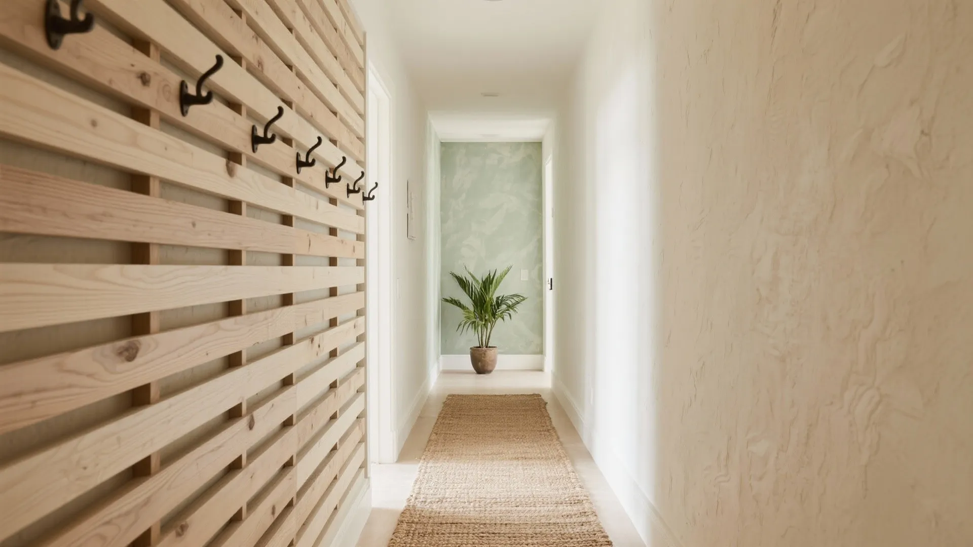 Long hallway with wooden wall panel coat hooks floor rug and green plant at end