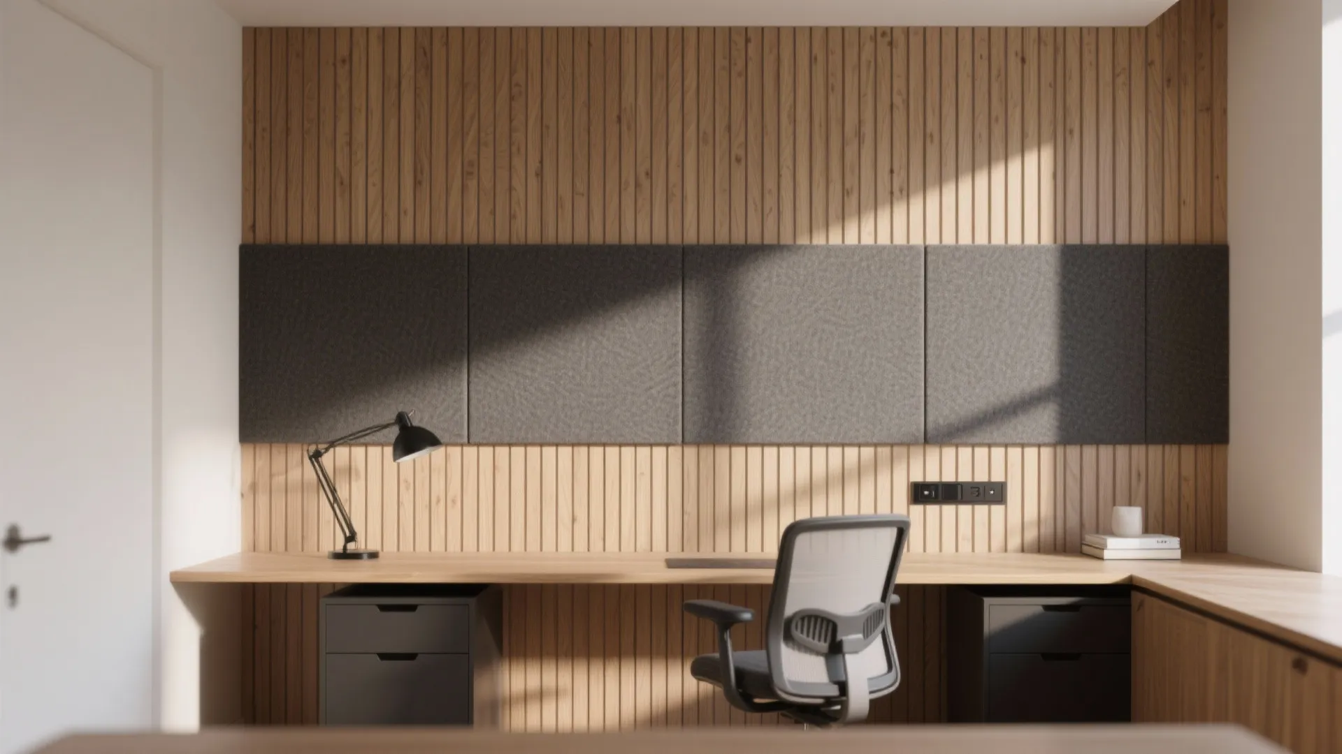 Home office with vertical wood wall panel, grey acoustic pads, wooden desk, and black chair