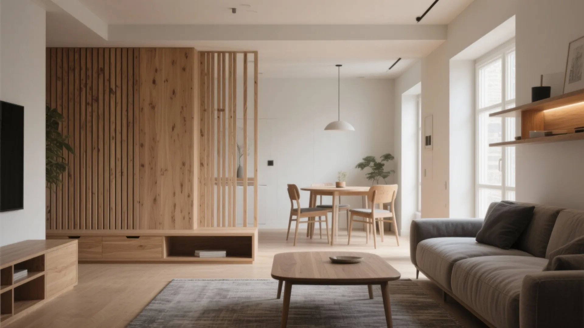 Minimalist slatted partition with hidden storage