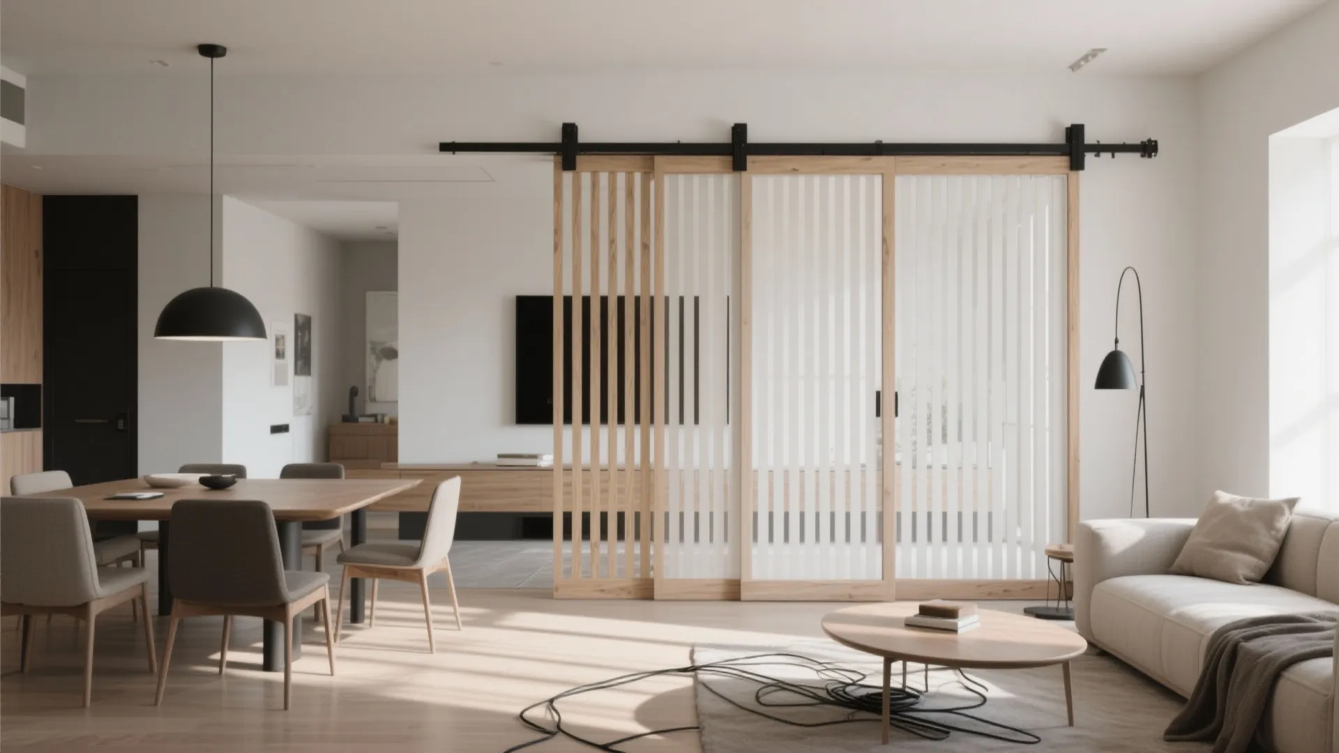 Slatted Wood Screens With a Ceiling Track