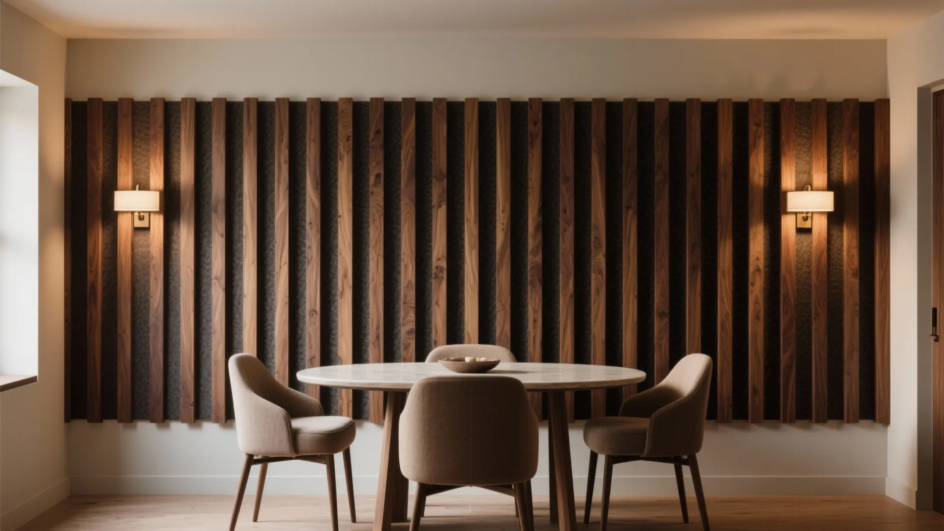 Slatted wood or acoustic panels for warmth