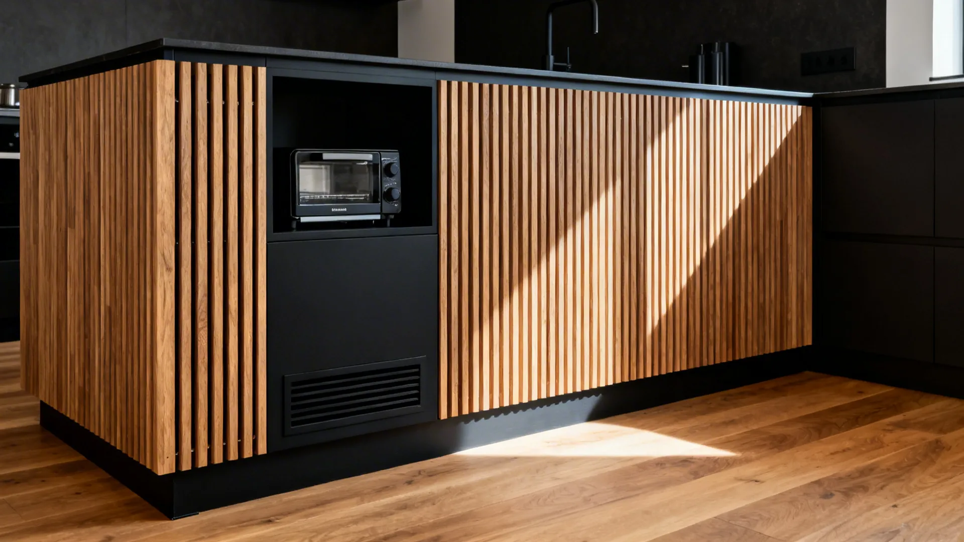 Vertical oak slat panel with black backer wraps a cabinet end, allowing airflow and adding rhythm.