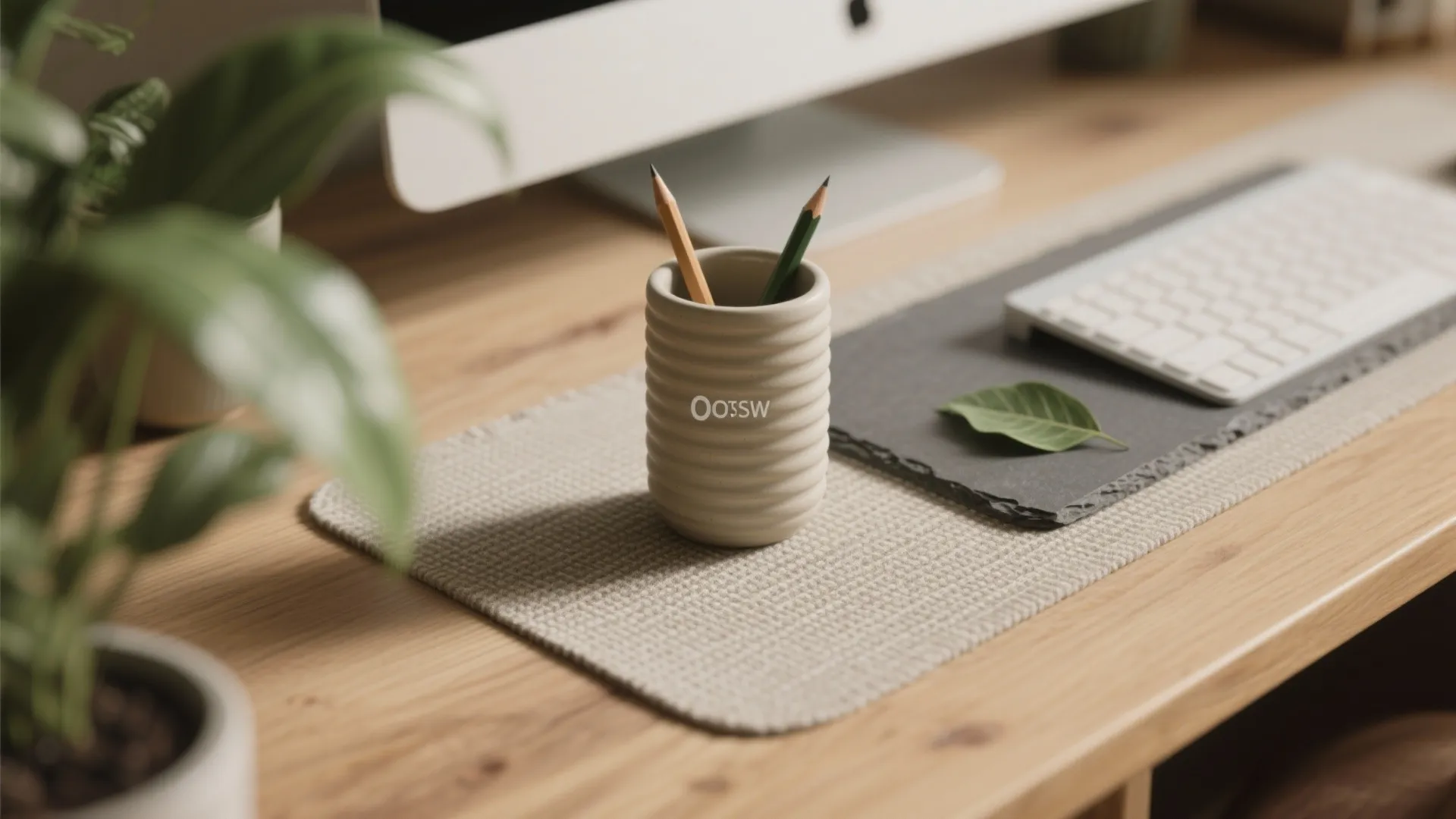 Minimalist wooden desk with a ribbed pencil holder, green plant, keyboard, and modern computer screen