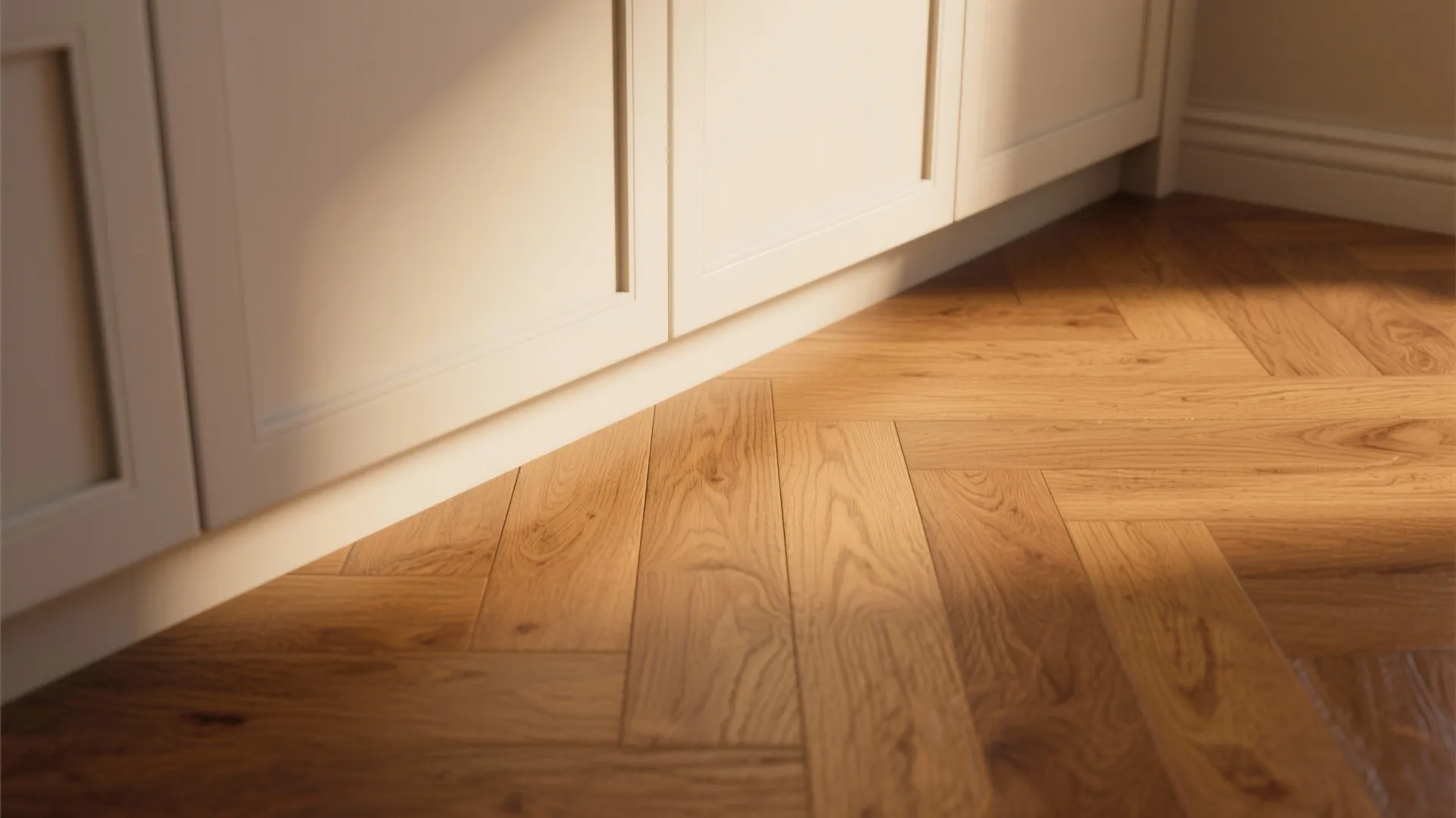 Close up view of light oak wooden floor boards meeting white cabinets in bright room
