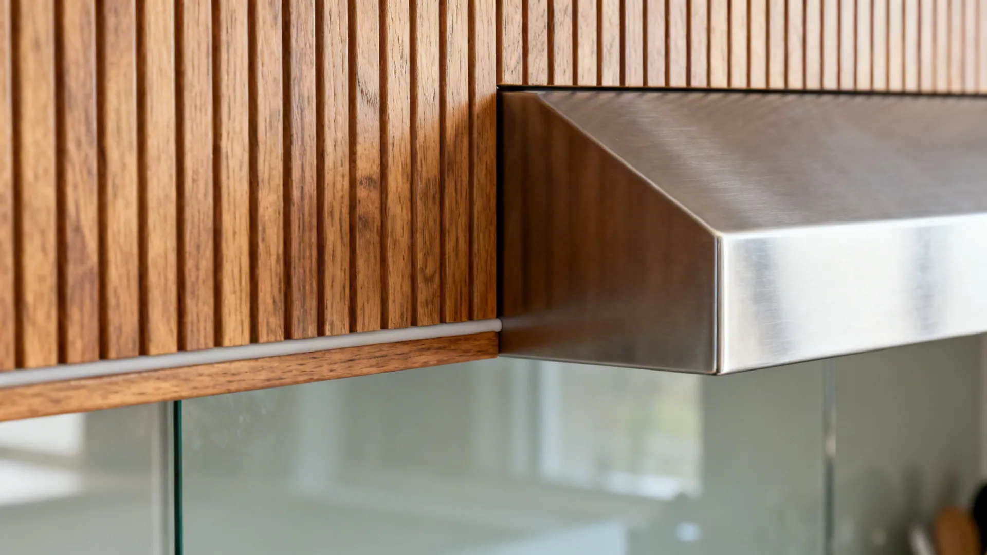 Close-up of ribbed oak panel, stainless hood edge, and glass backsplash junction.