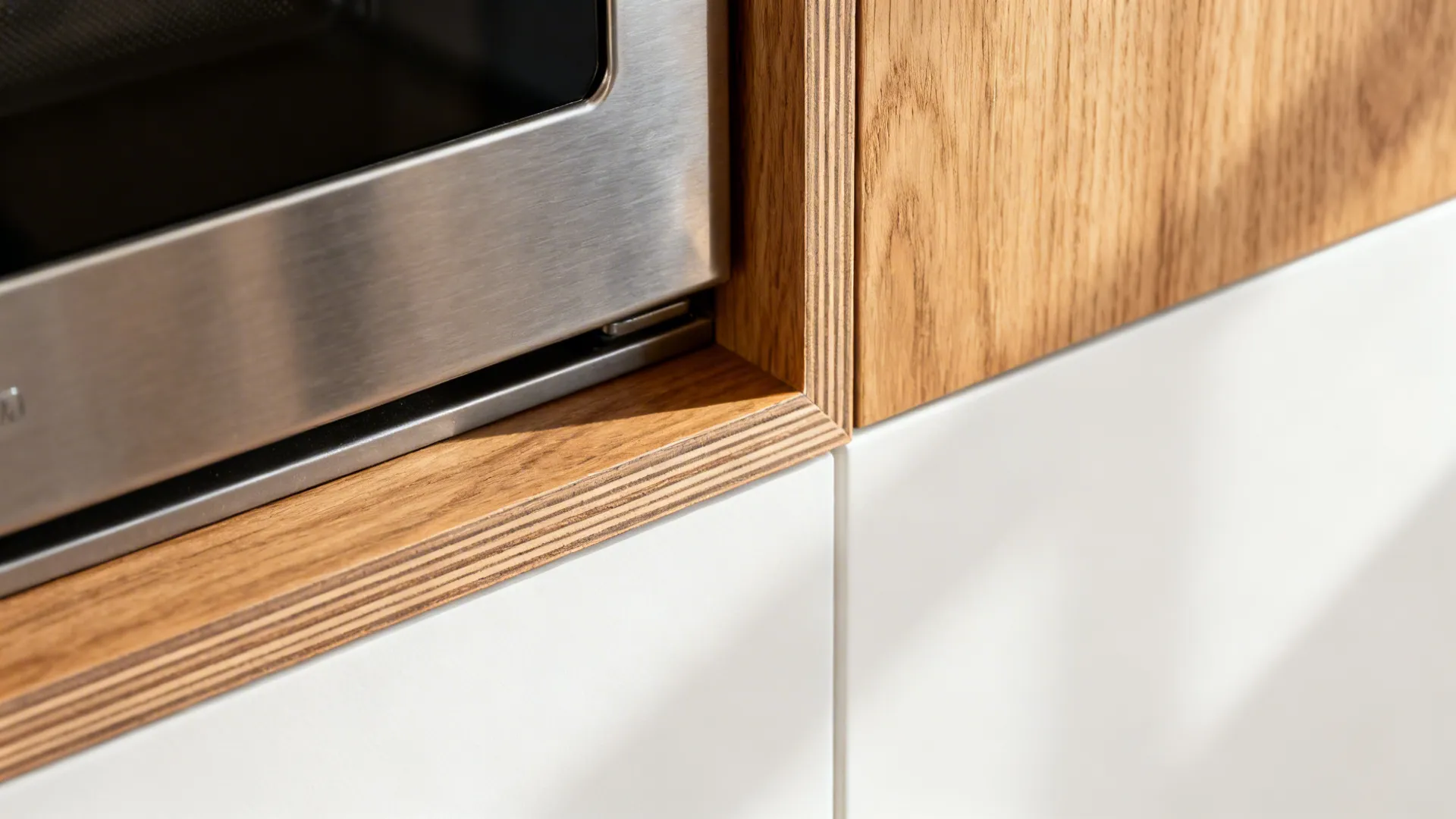 Close up of a stainless steel appliance built into wooden cabinet with white kitchen storage panels