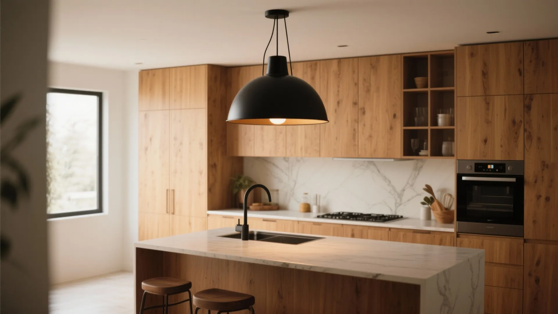 Modern kitchen with wood cabinets a black ceiling light over marble island and built-in oven