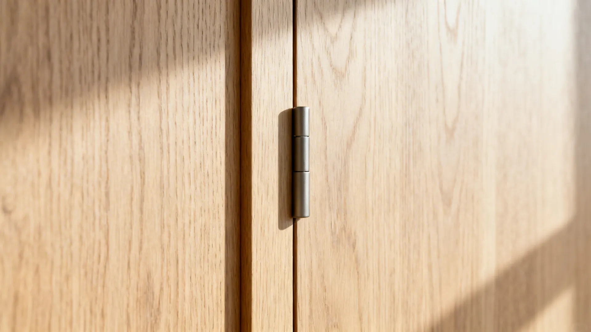 Close up detail of a metal door hinge attached to a light oak wood surface