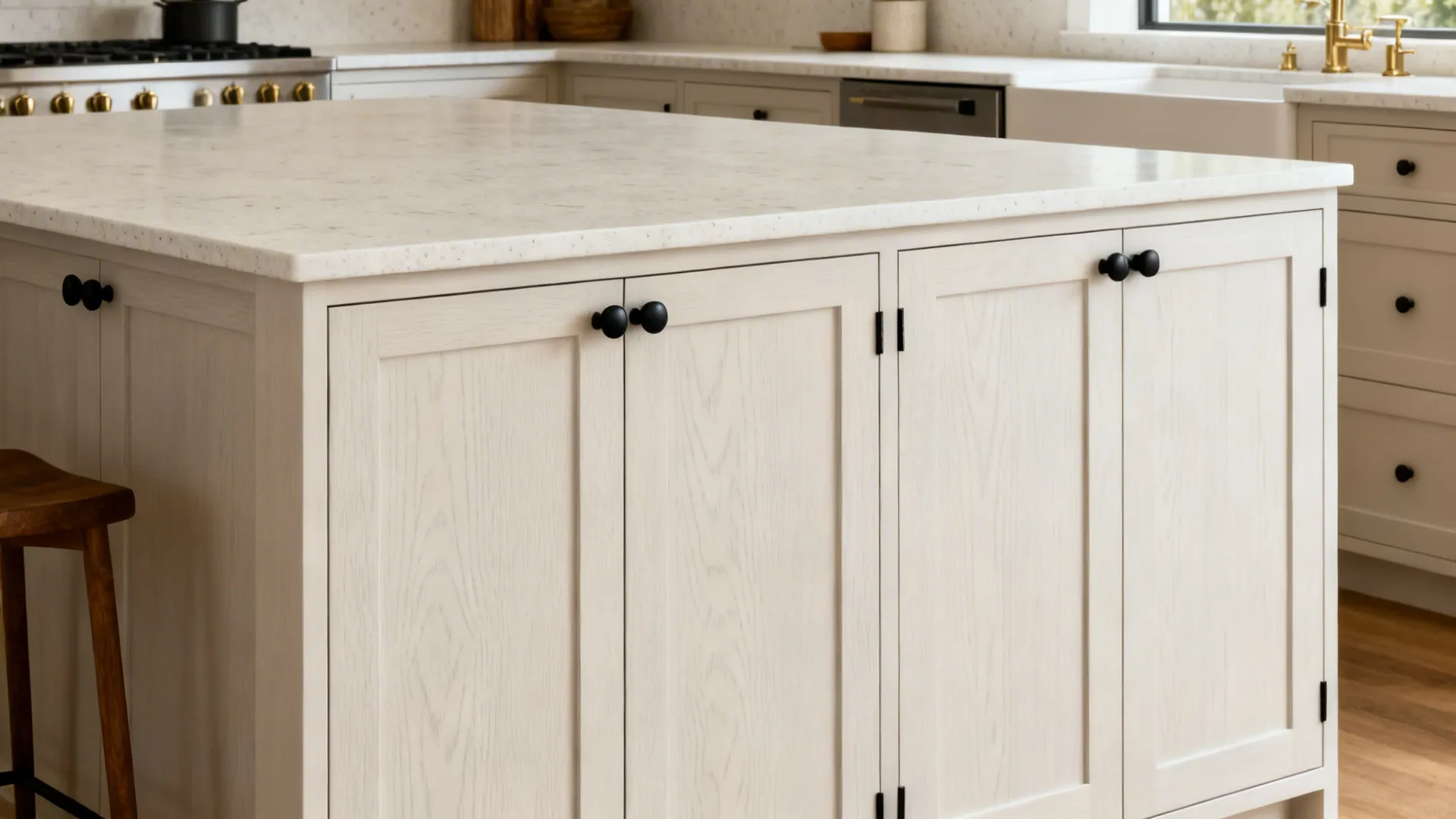 Kitchen island with rift-cut white oak fronts paired with quiet quartz perimeter counters.