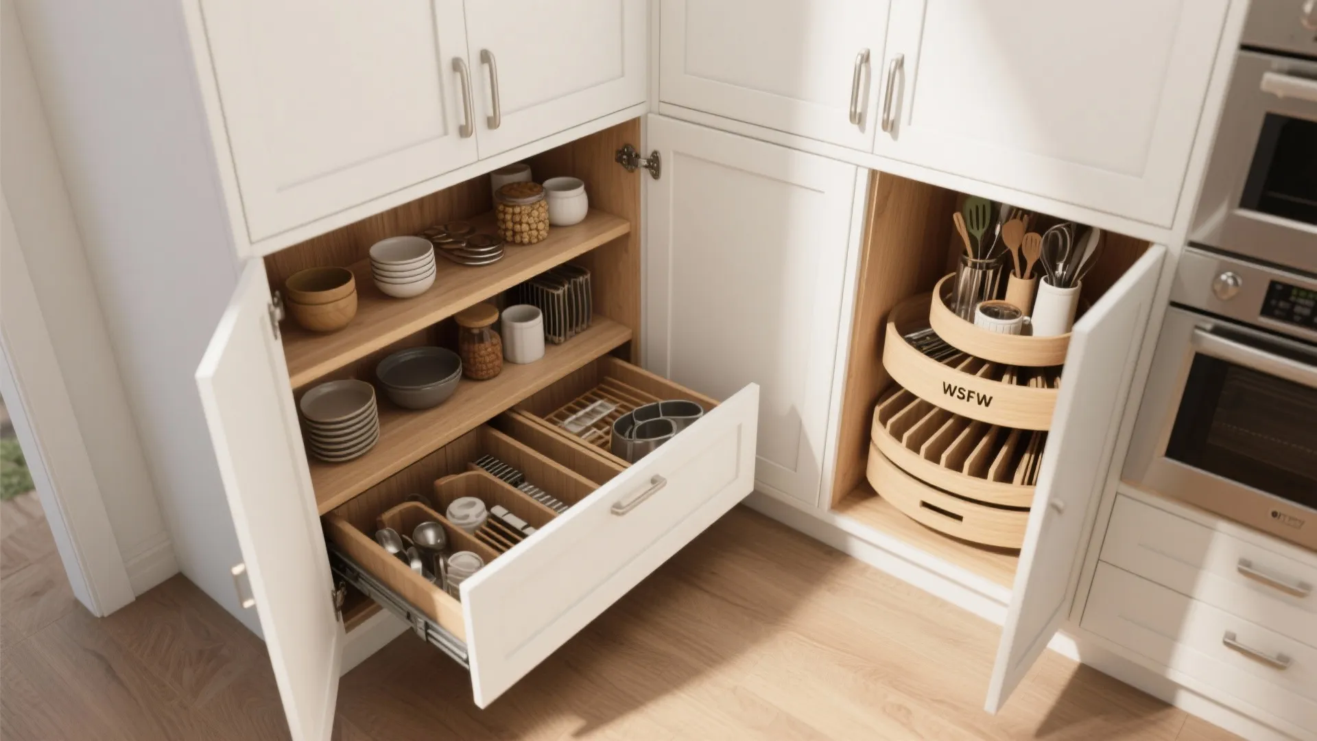 Modern white kitchen cabinets with open drawers showing wooden organizers for plates bowls and utensils