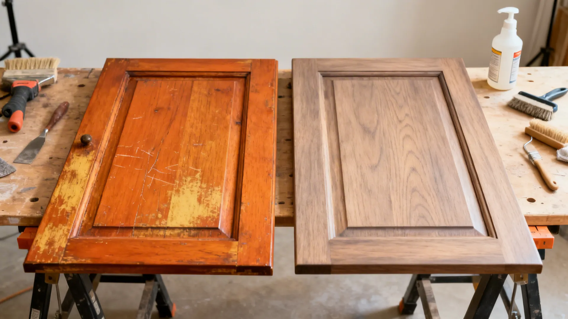 Before-and-after of an orange oak cabinet door transformed to a soft neutral fumed stain with a matte topcoat.