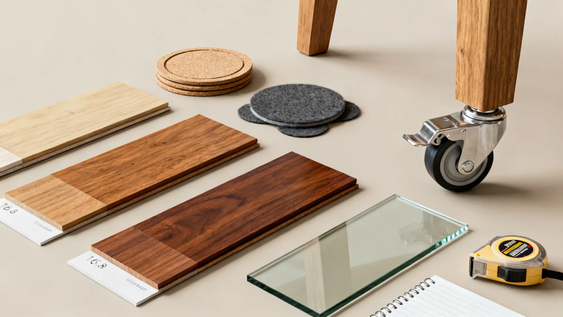 Wood flooring samples with glass panel and tape measure placed on floor near wooden furniture