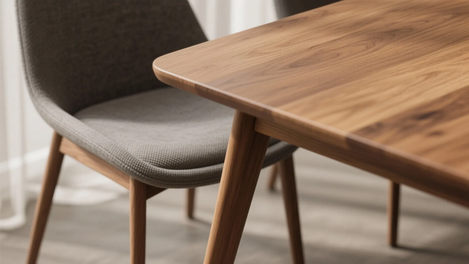 Close up of a wooden dining table corner with a grey fabric chair and legs