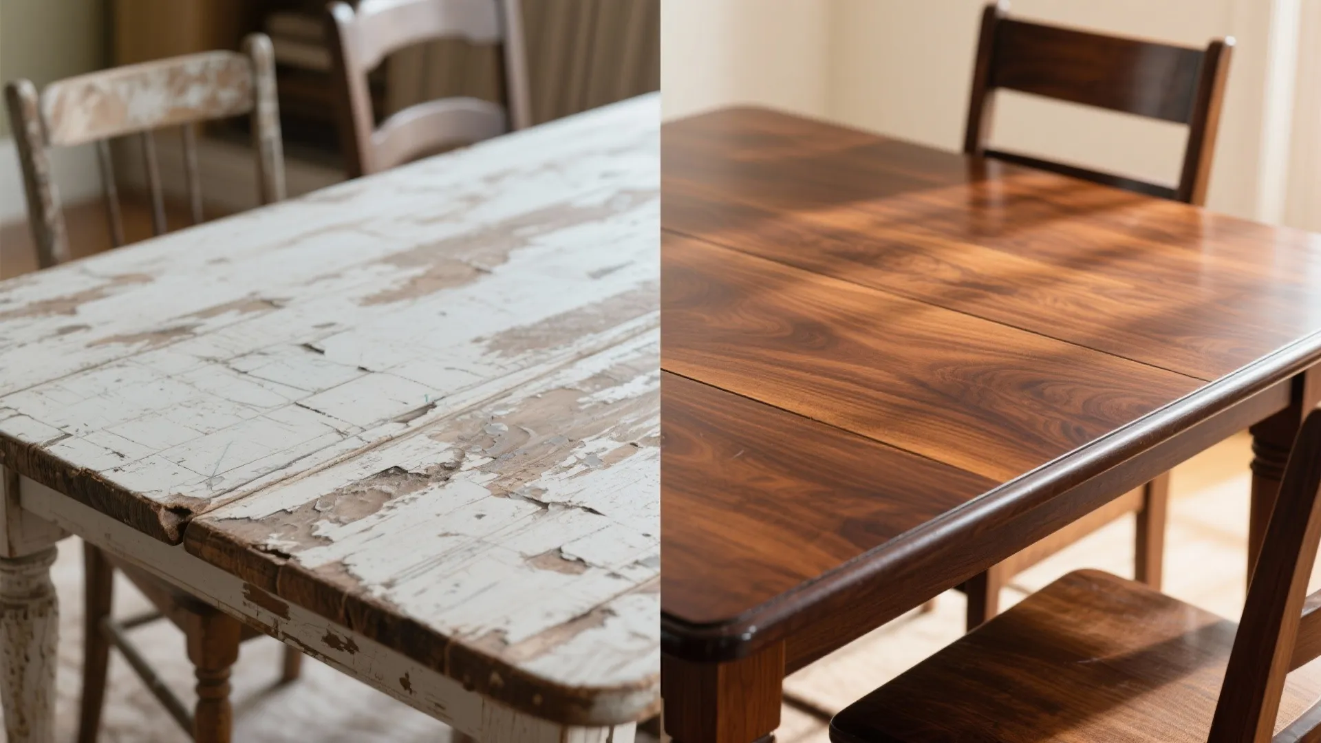 Before and after comparison of old peeling white paint versus a polished dark wood table