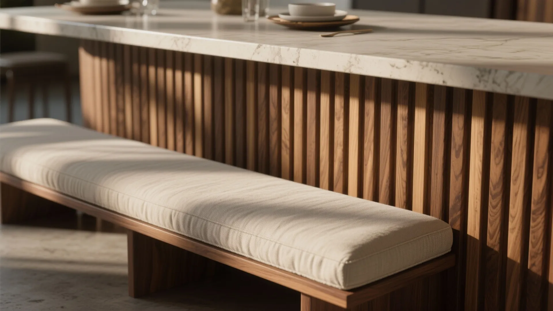 Close up of wooden wall panel under marble table with upholstered bench and natural sunlight shadows