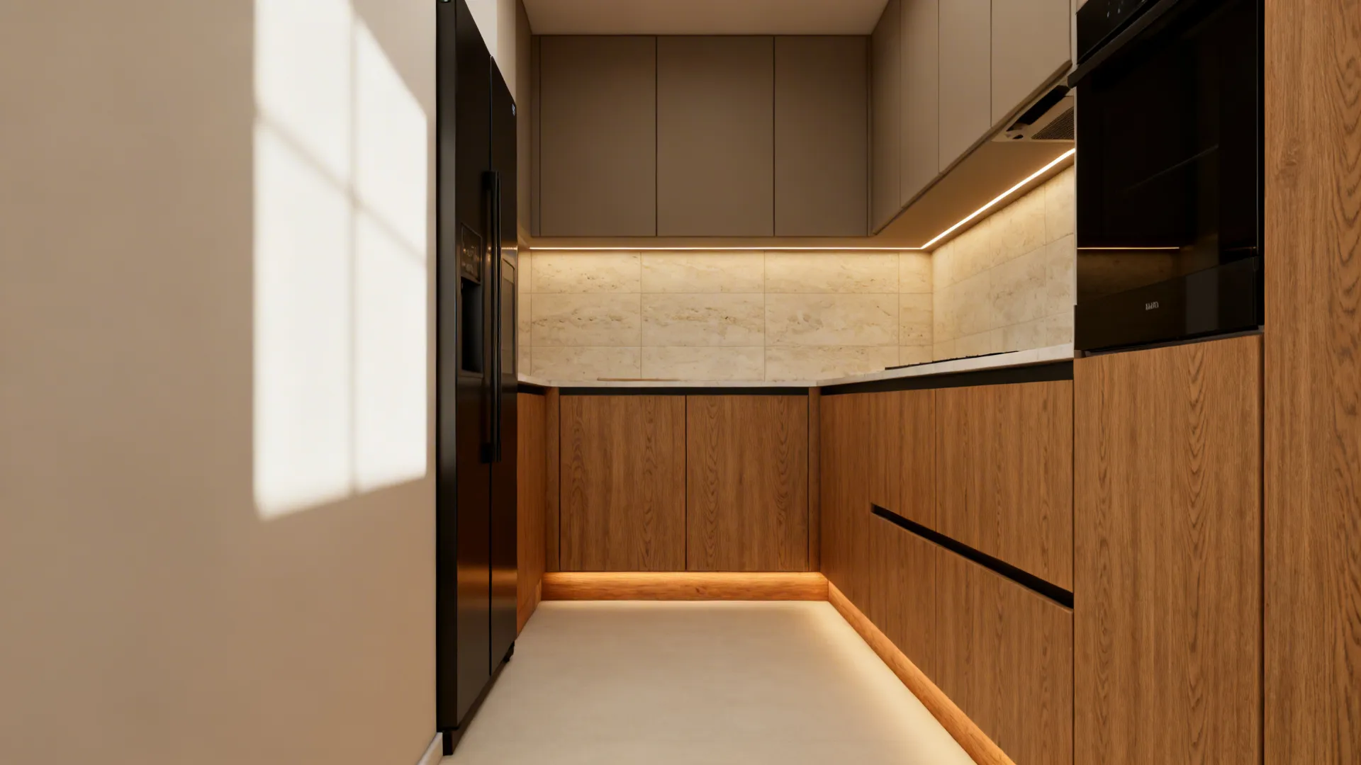 2) Earthy + Minimal: Oak Texture Lowers + Matte Taupe Uppers