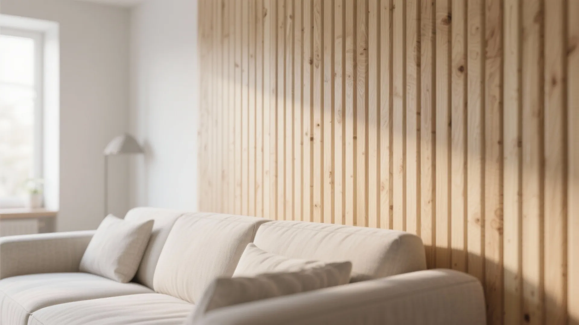 Close-up of pale oak wood slat panels on a living room wall