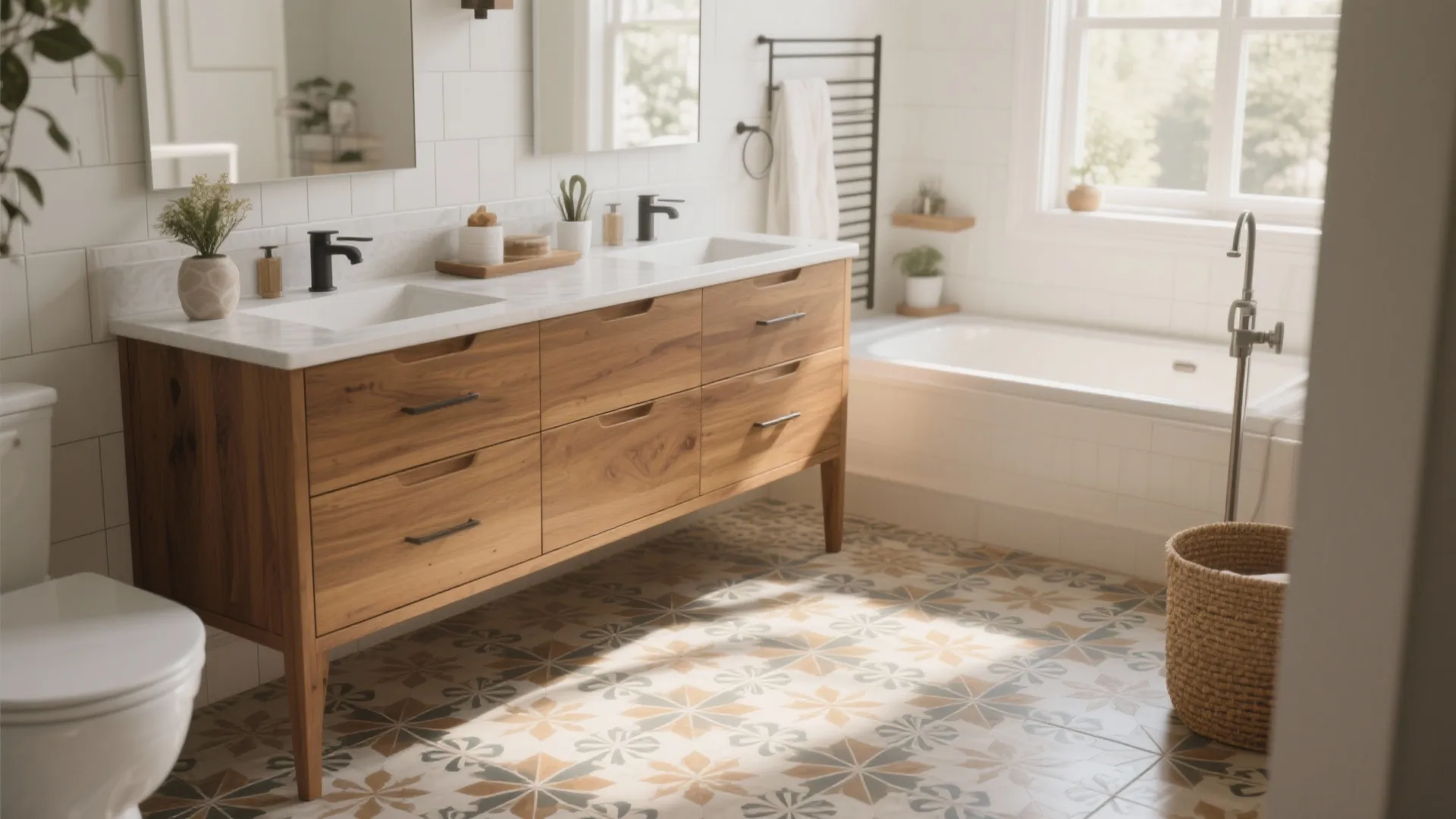 Modern bathroom featuring wooden double vanity, patterned floor tiles, white bathtub, black faucets, and light