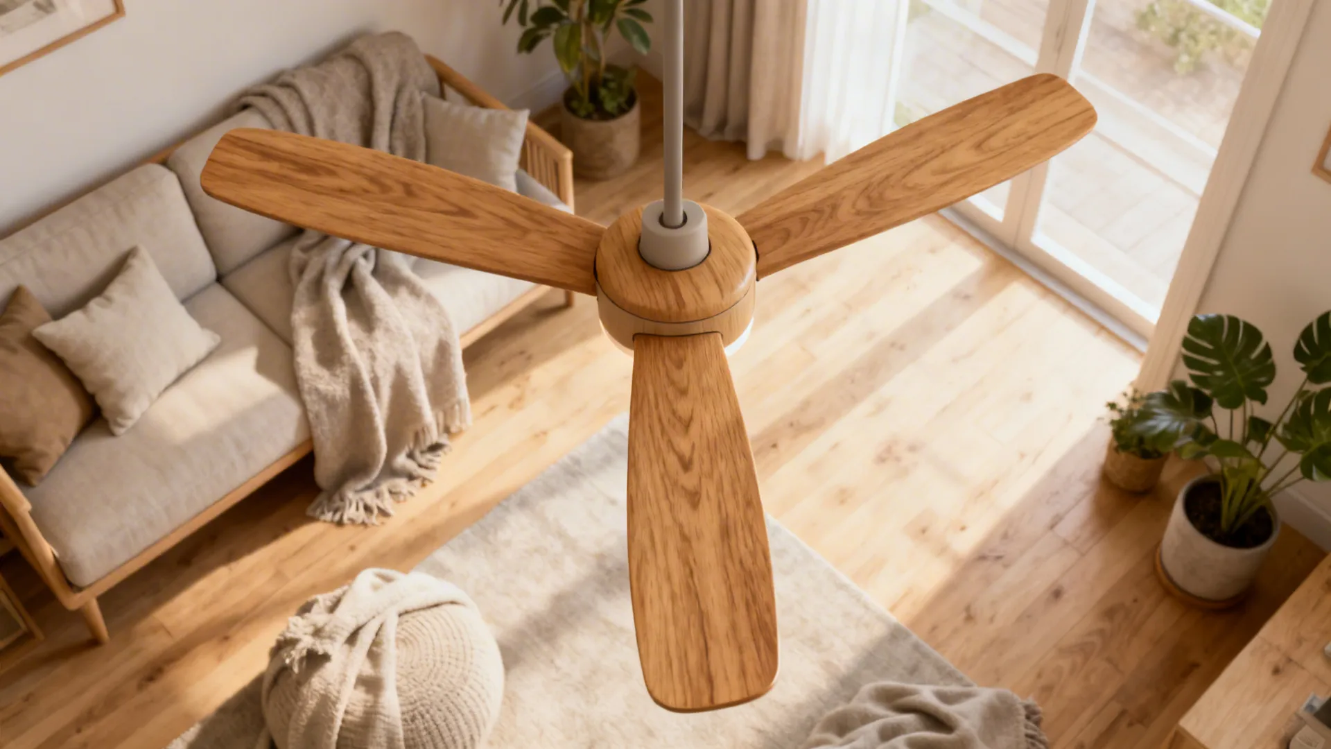 Scandinavian living room with natural oak-tone ceiling fan and warm textured details