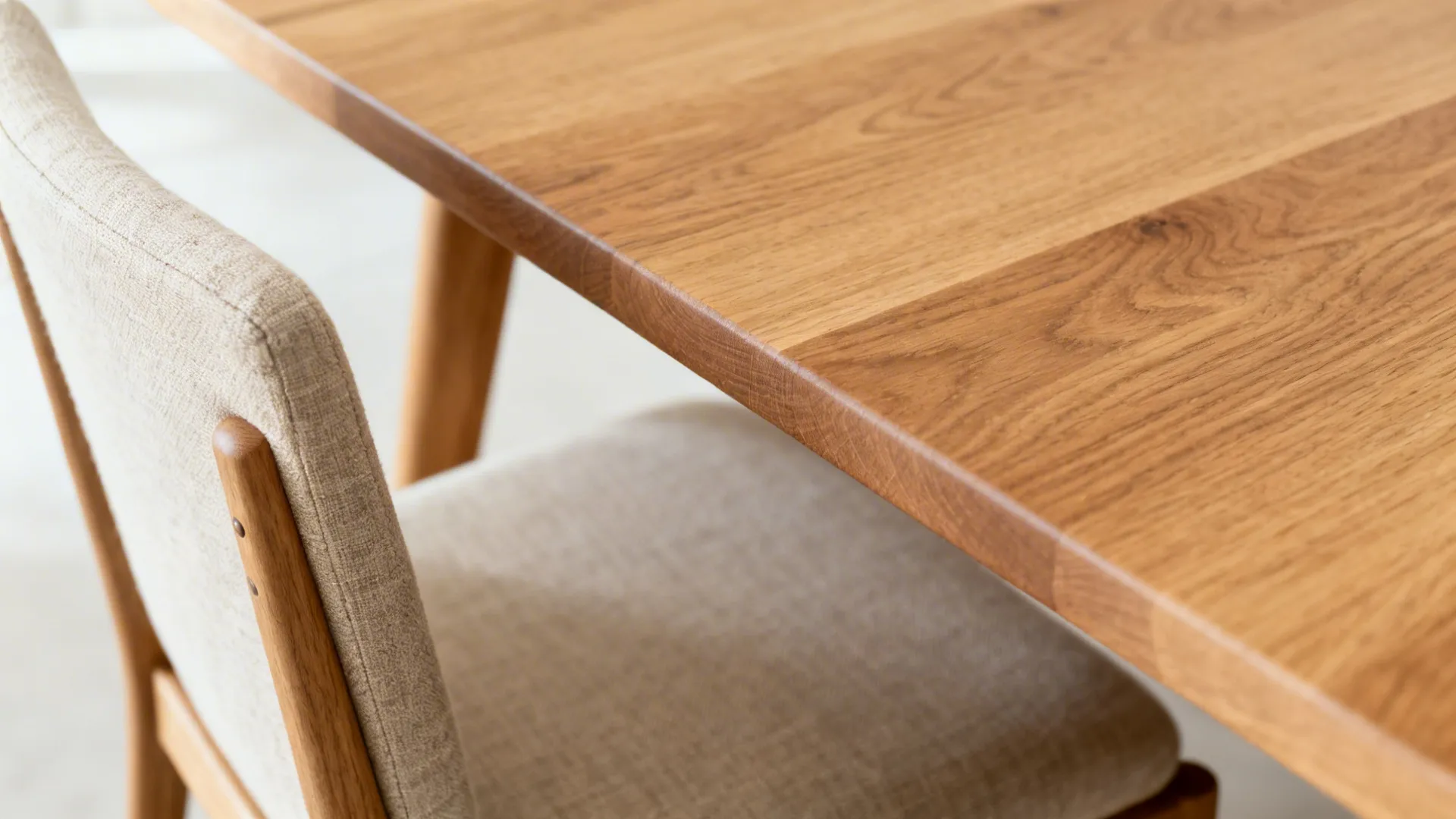 Close up of a light wood table top showing wood grain next to fabric chair