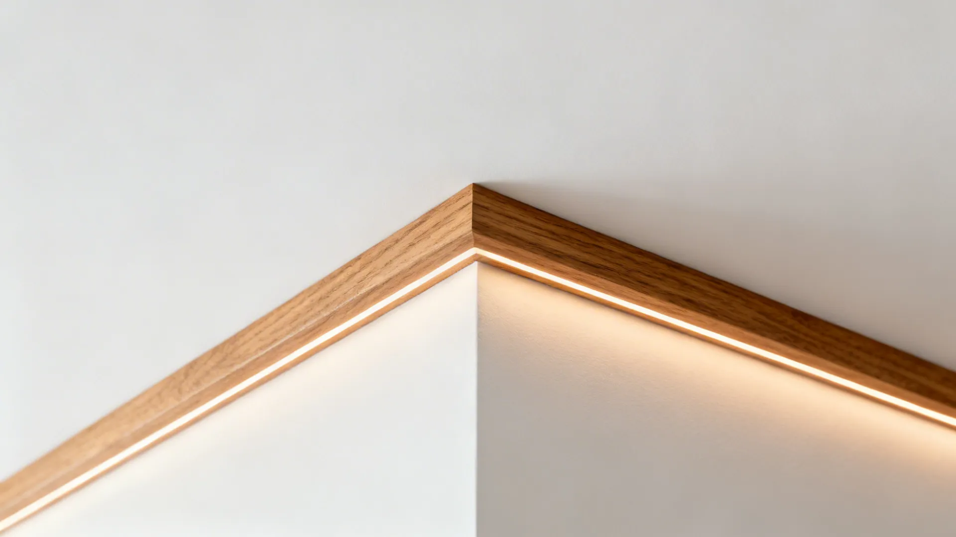 Close-up of oak trim echoing a raised ceiling line with warm LED light grazing the grain.