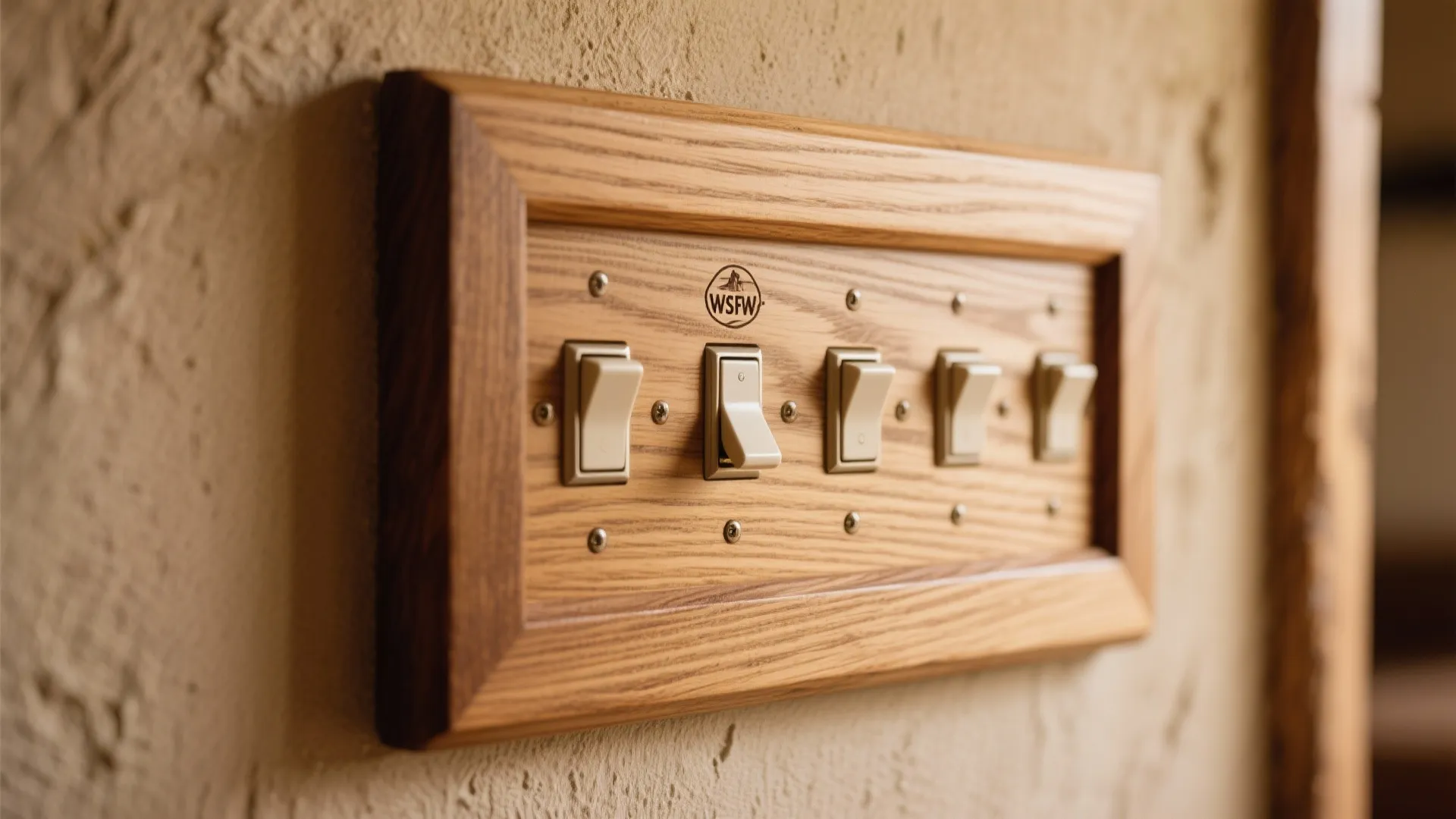 Close up of wooden wall light switches with five individual buttons on a textured beige wall