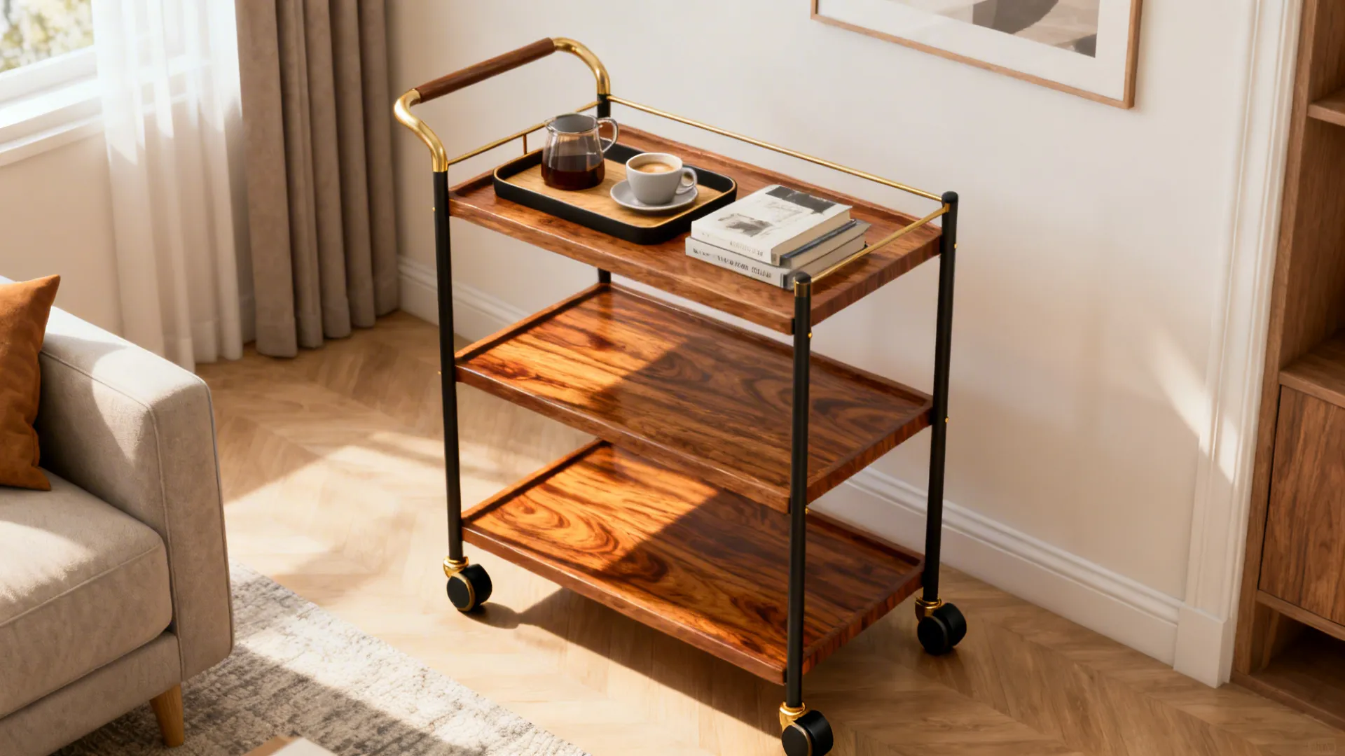 Three tier wooden serving cart with black metal legs and gold handles holding coffee and books