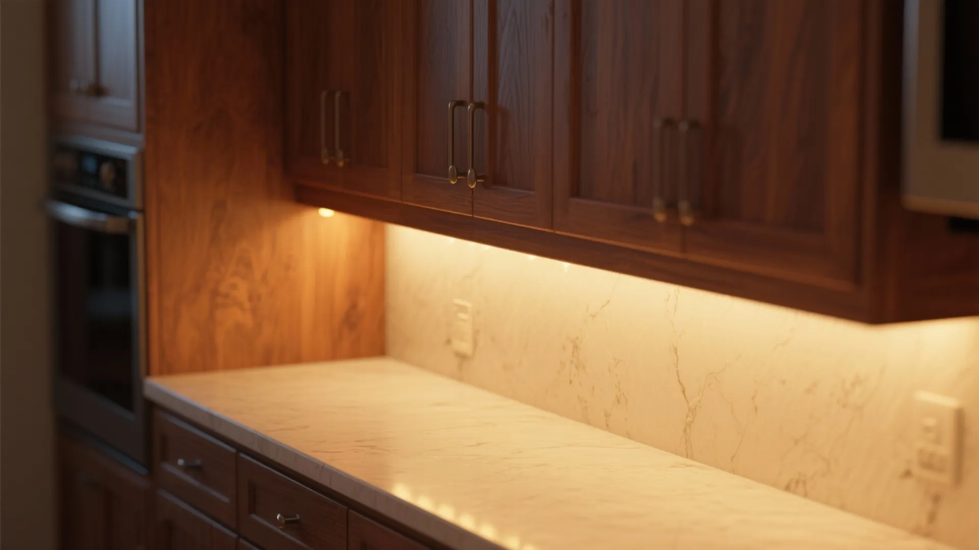 Dark wood kitchen cabinets with warm light fixture under shelves reflecting on white marble counter