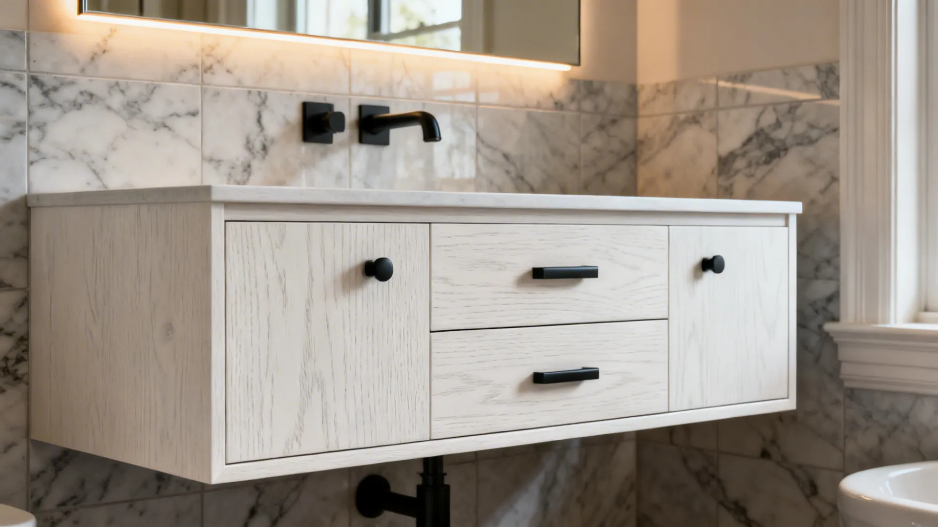 Floating rift-oak vanity warms a marble-accent bathroom with soft lighting.