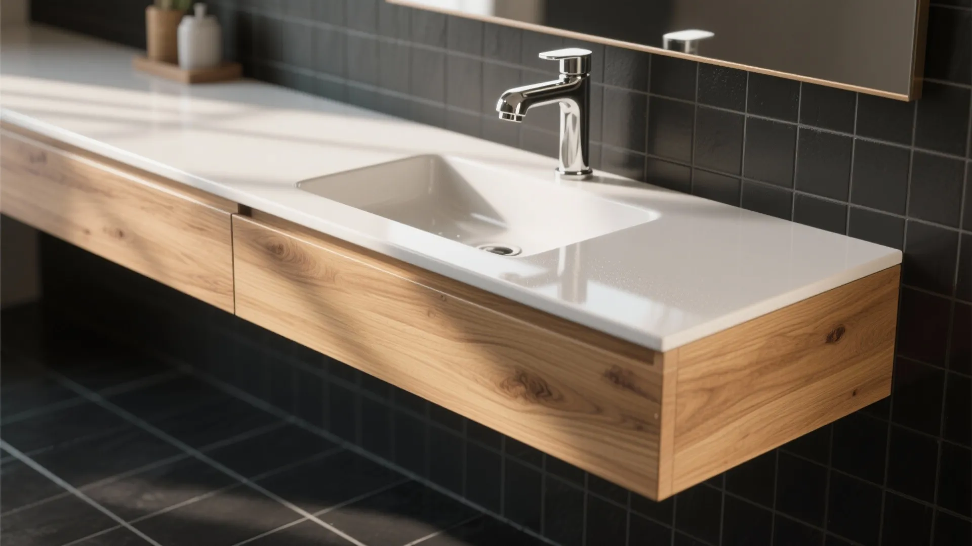 Floating oak vanity detail beside matte black floor tiles with polished chrome faucet