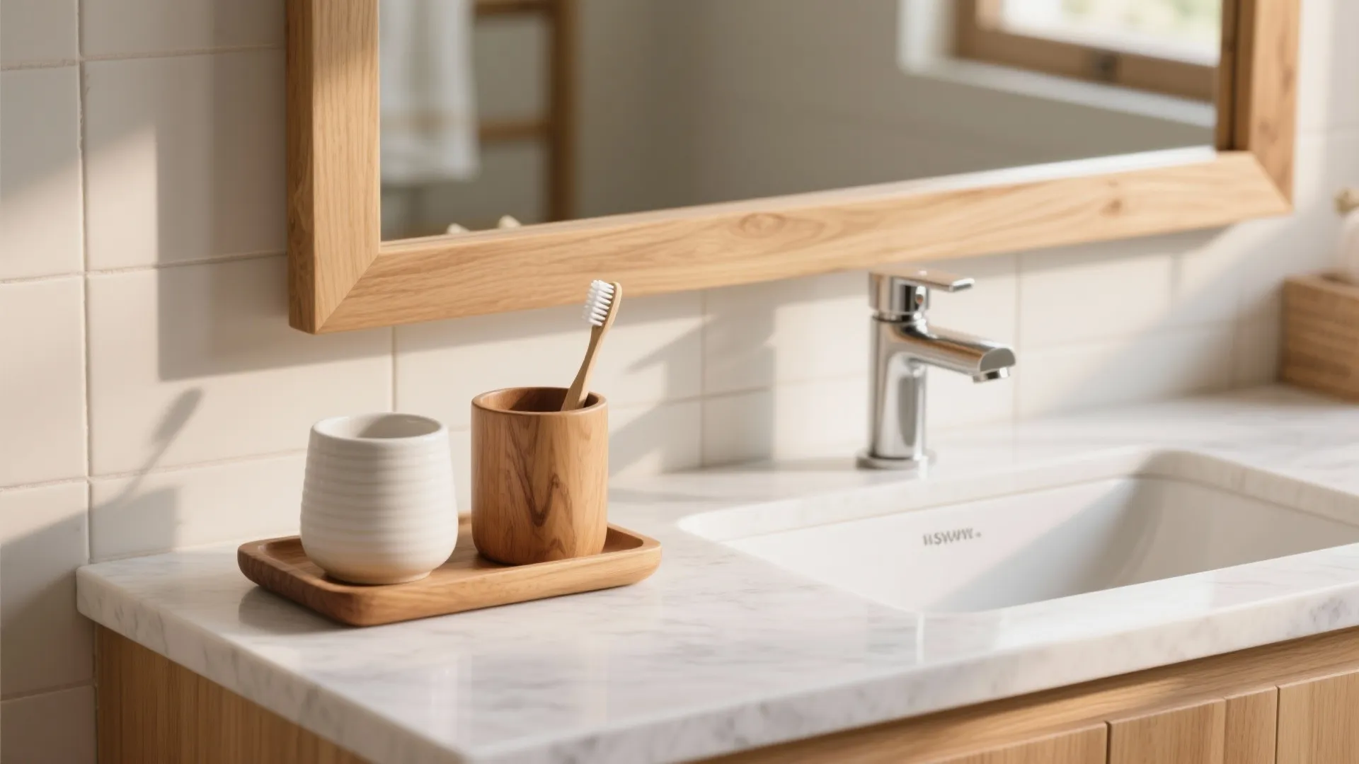 Warm wood accents around the vanity