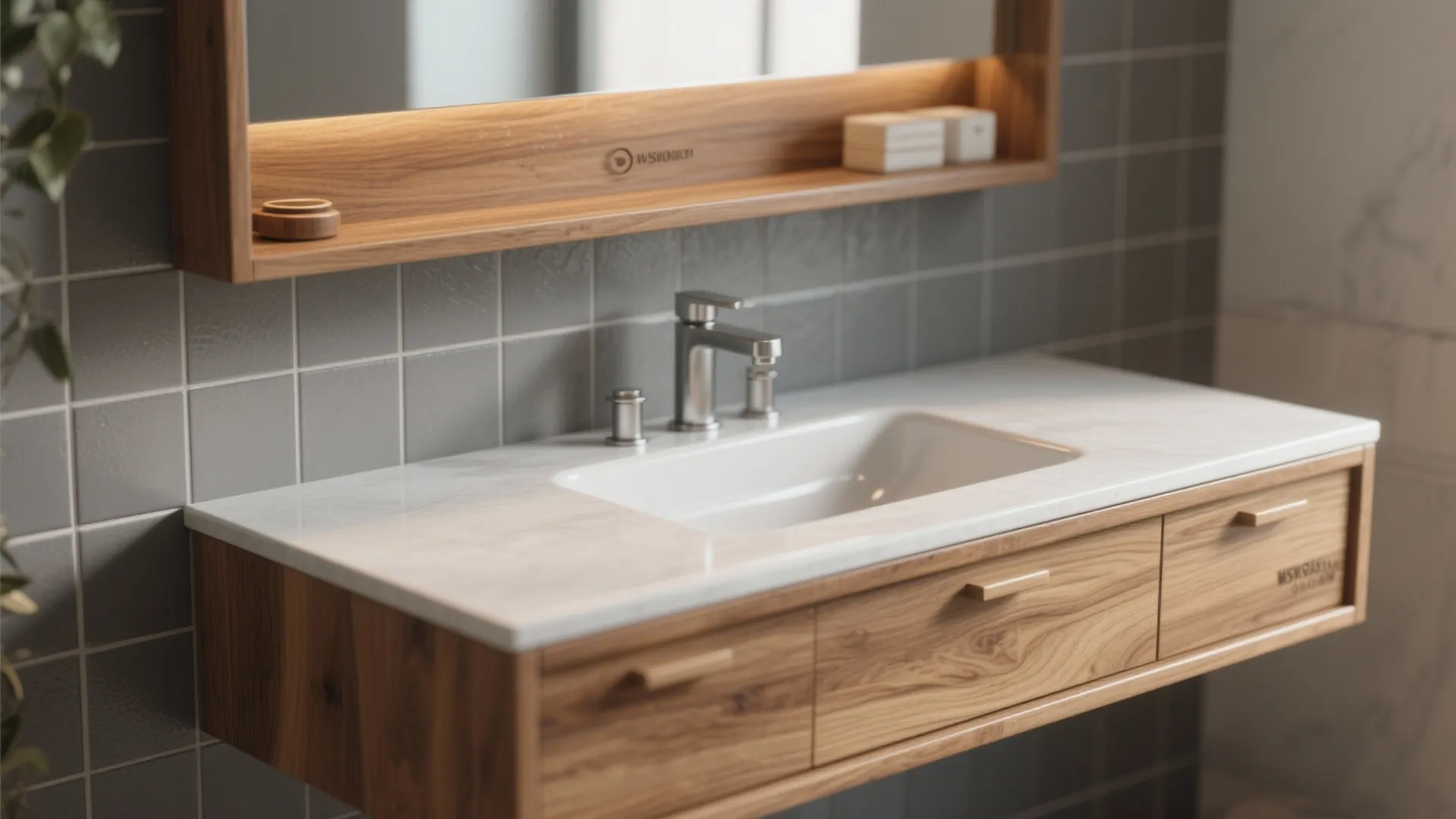 Close-up of oak vanity and teak shelf against matte grey tiles showing warm wood grain.