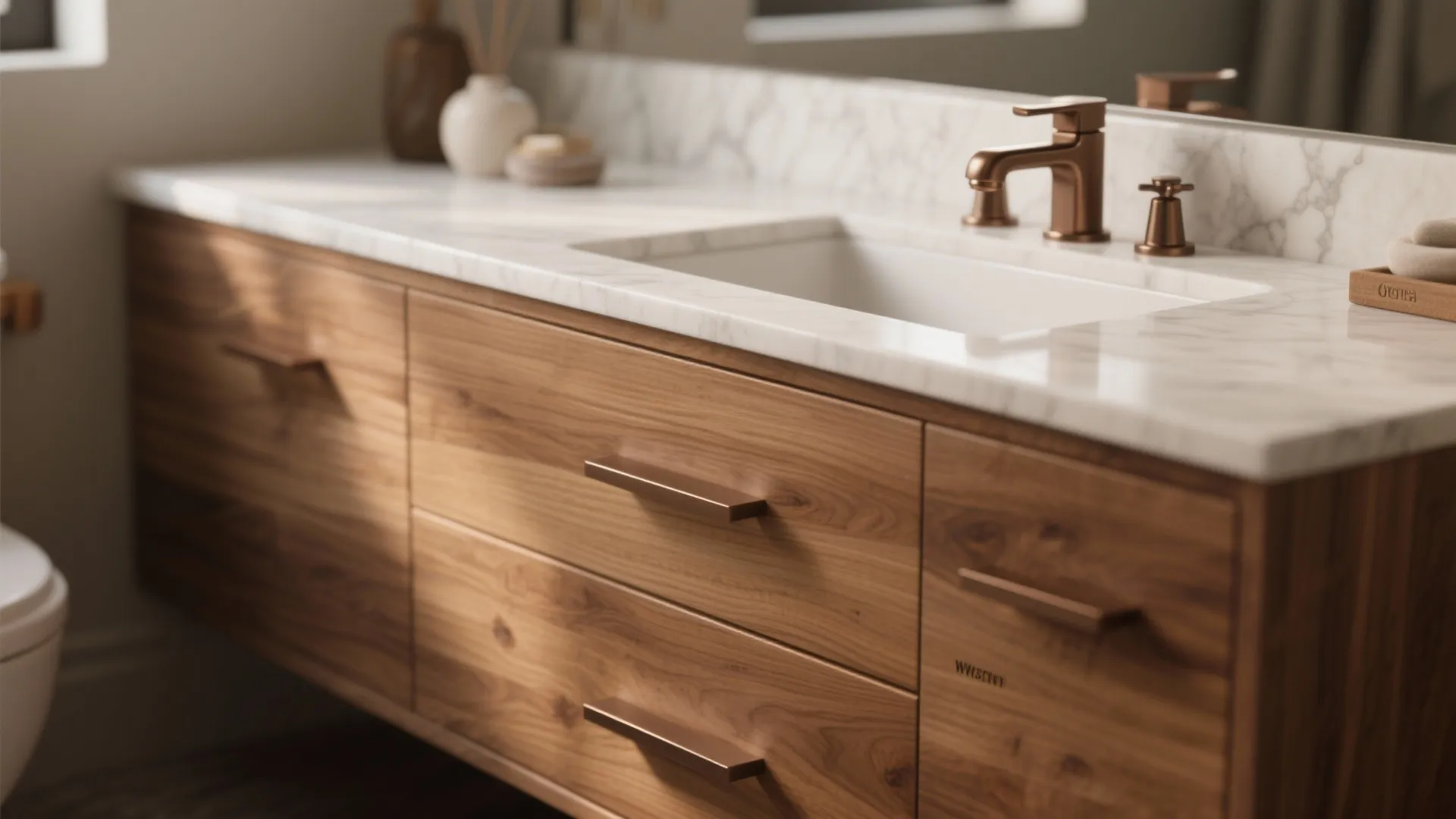 1. Warm wood vanity with white quartz top