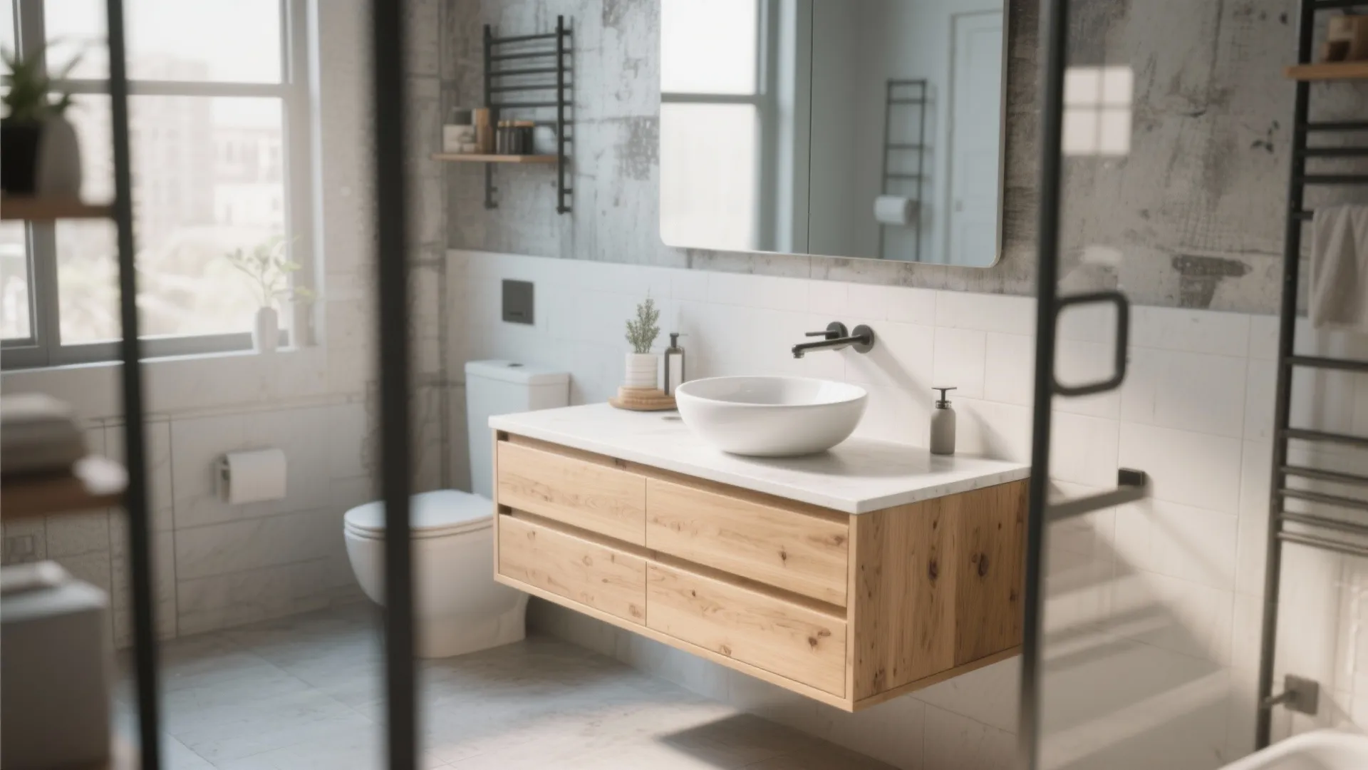Bright bathroom interior with oak cabinet floating vanity white round sink and large rectangular mirror
