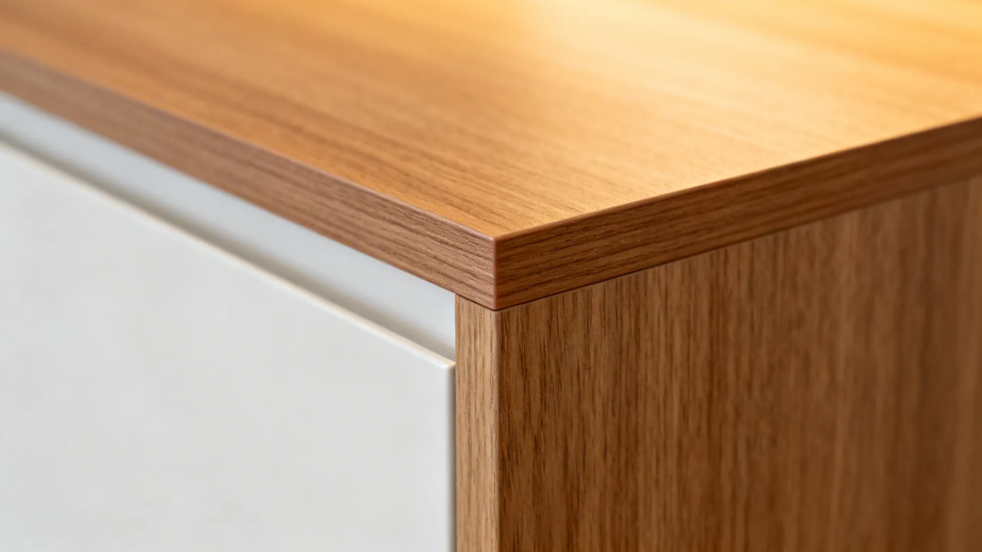 Macro of an oak veneer door with clean edge banding under warm light.