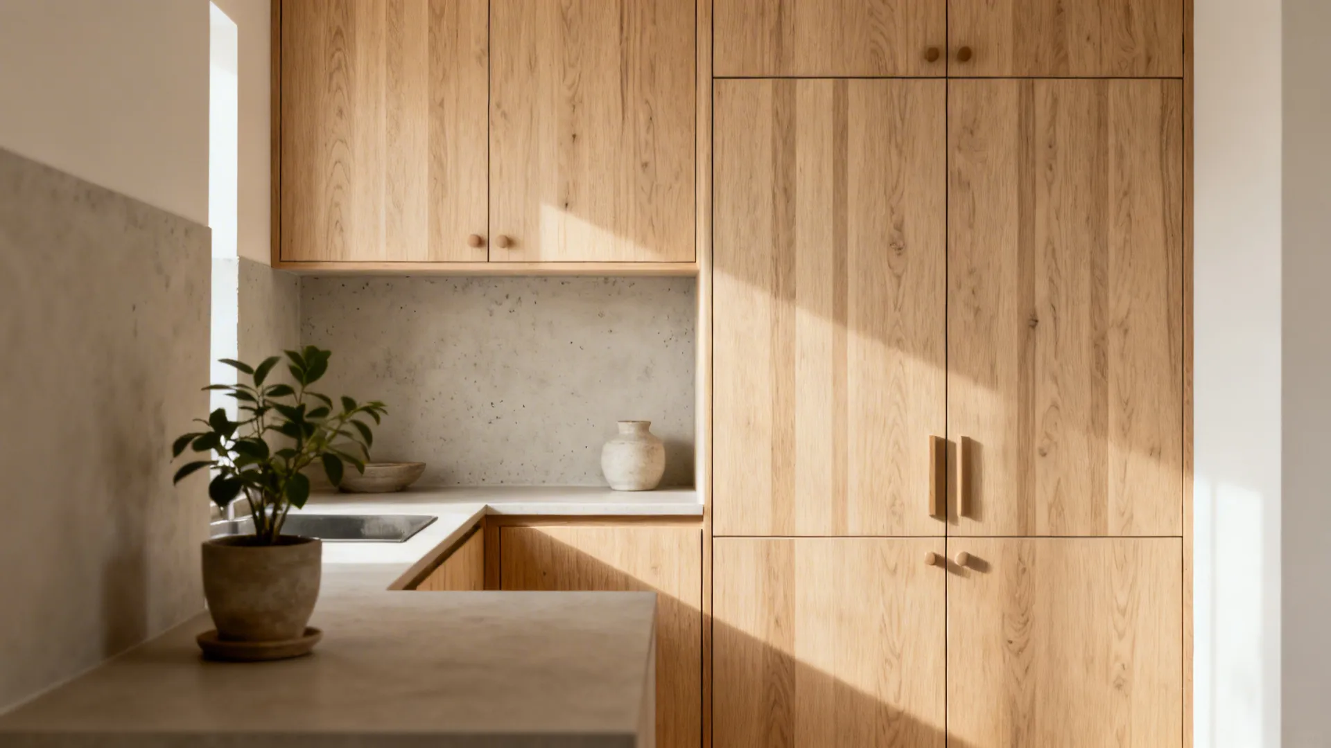 Rift-cut white oak veneer refaced cabinets with a micro-cement backsplash in a small kitchen.
