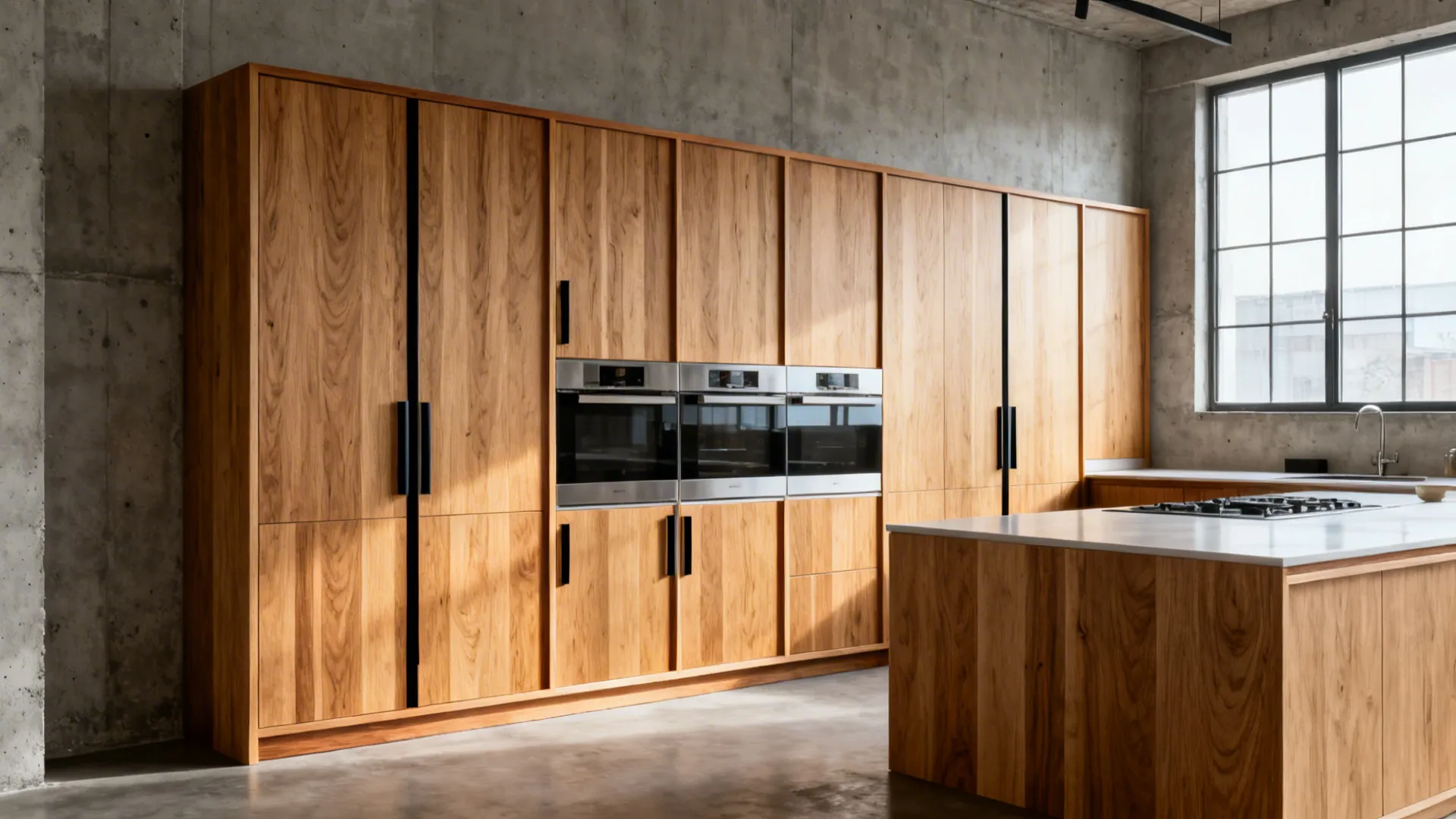 Concrete loft kitchen with rift-cut white oak veneer cabinets and stainless accents.