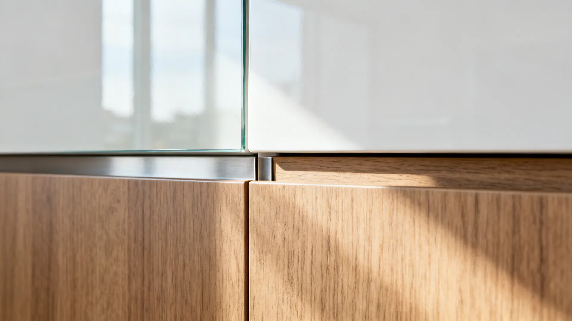 Macro of engineered oak-veneer drawer front beside matte white cabinet under soft daylight.