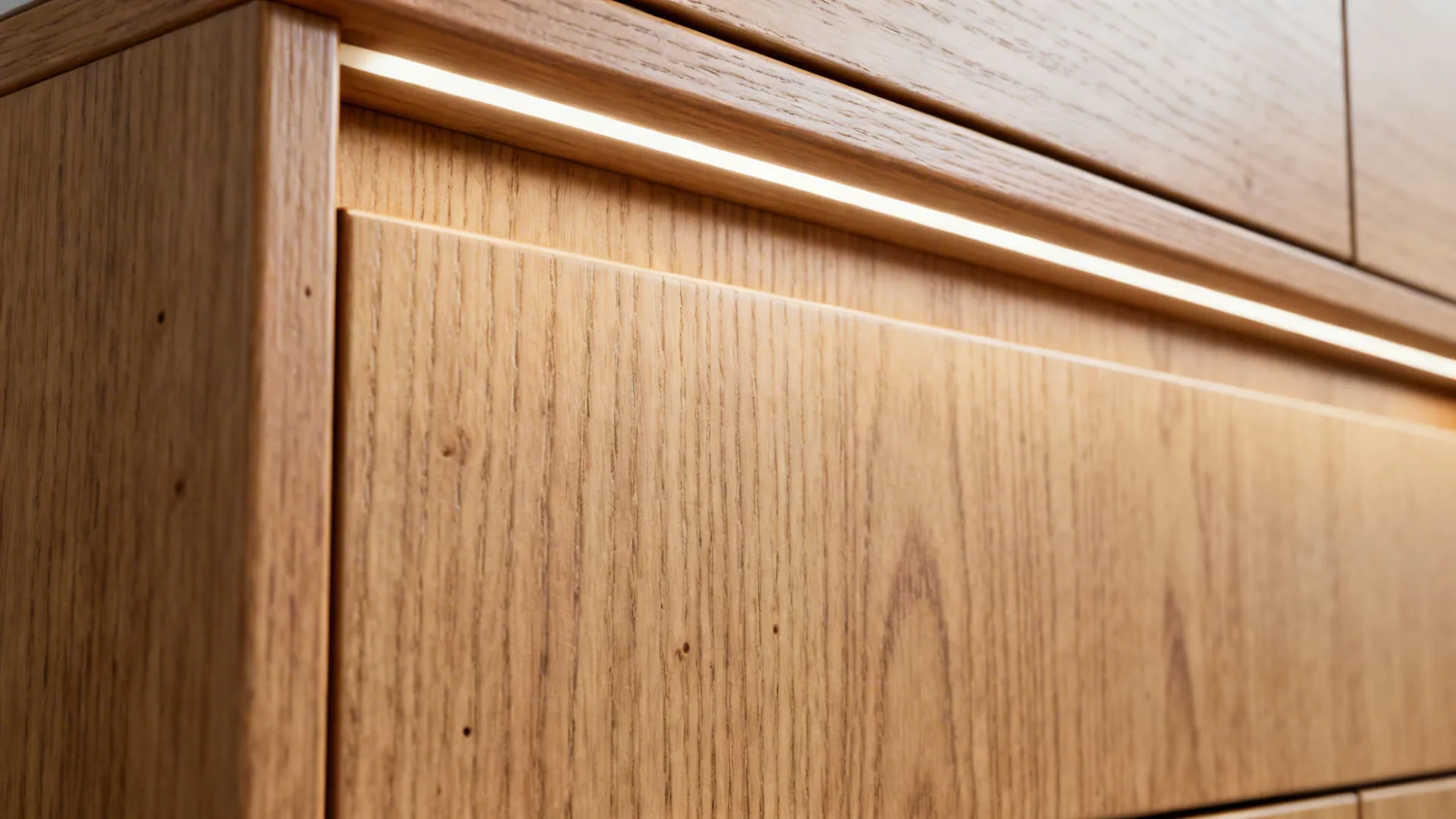 Macro of rift-cut oak veneer grain with satin finish and clean edge banding.