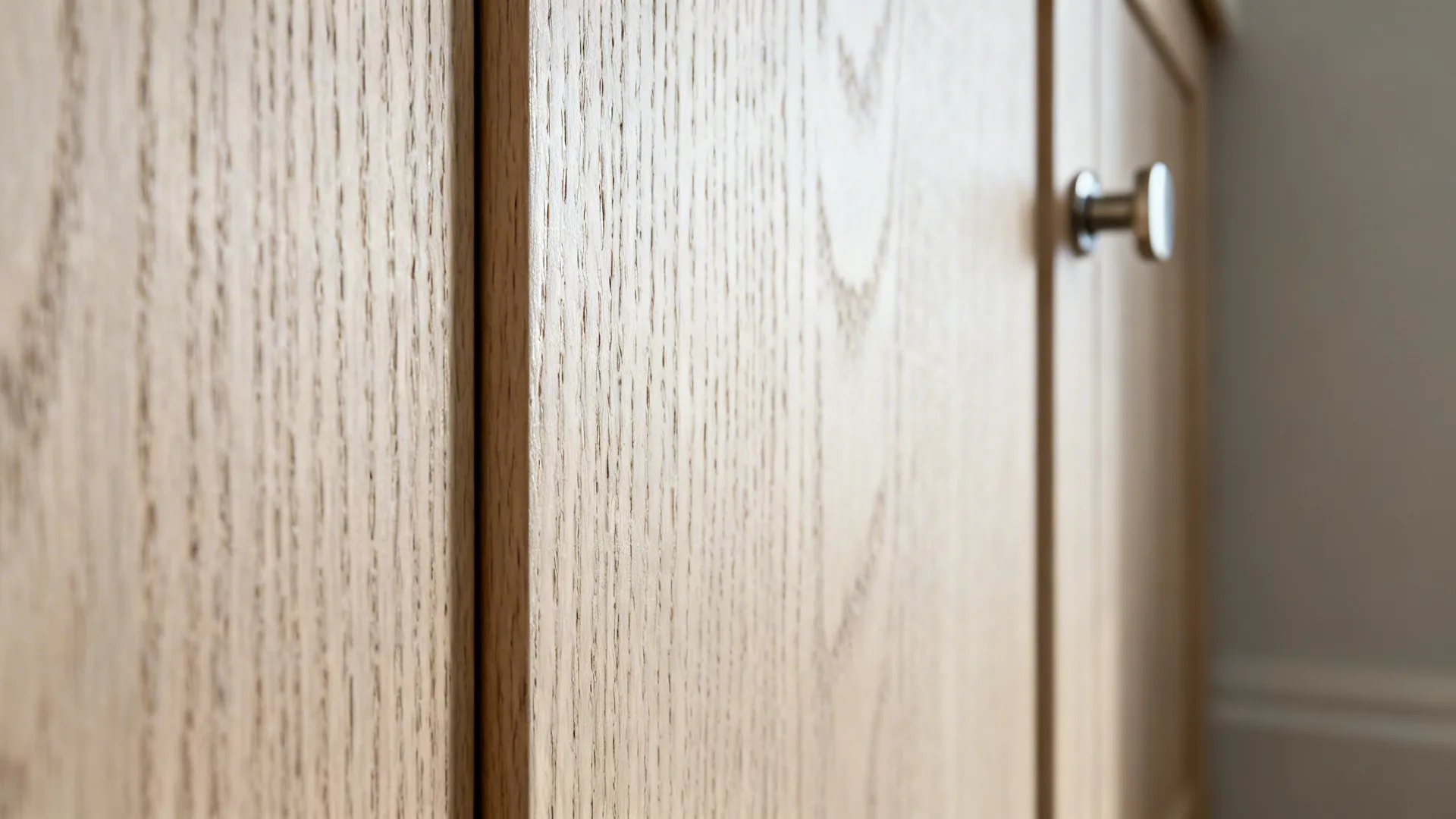 Macro of rift-cut white oak veneer with satin marine-grade finish and matching edge band.