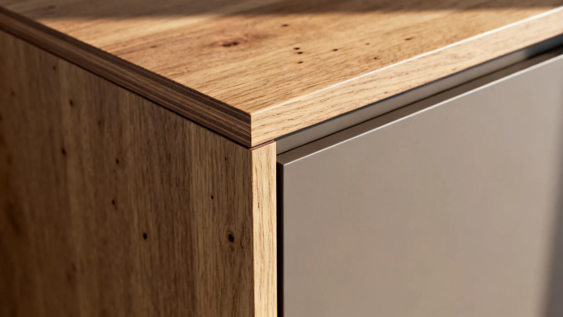 Warm wood accents to soften cabinet lines