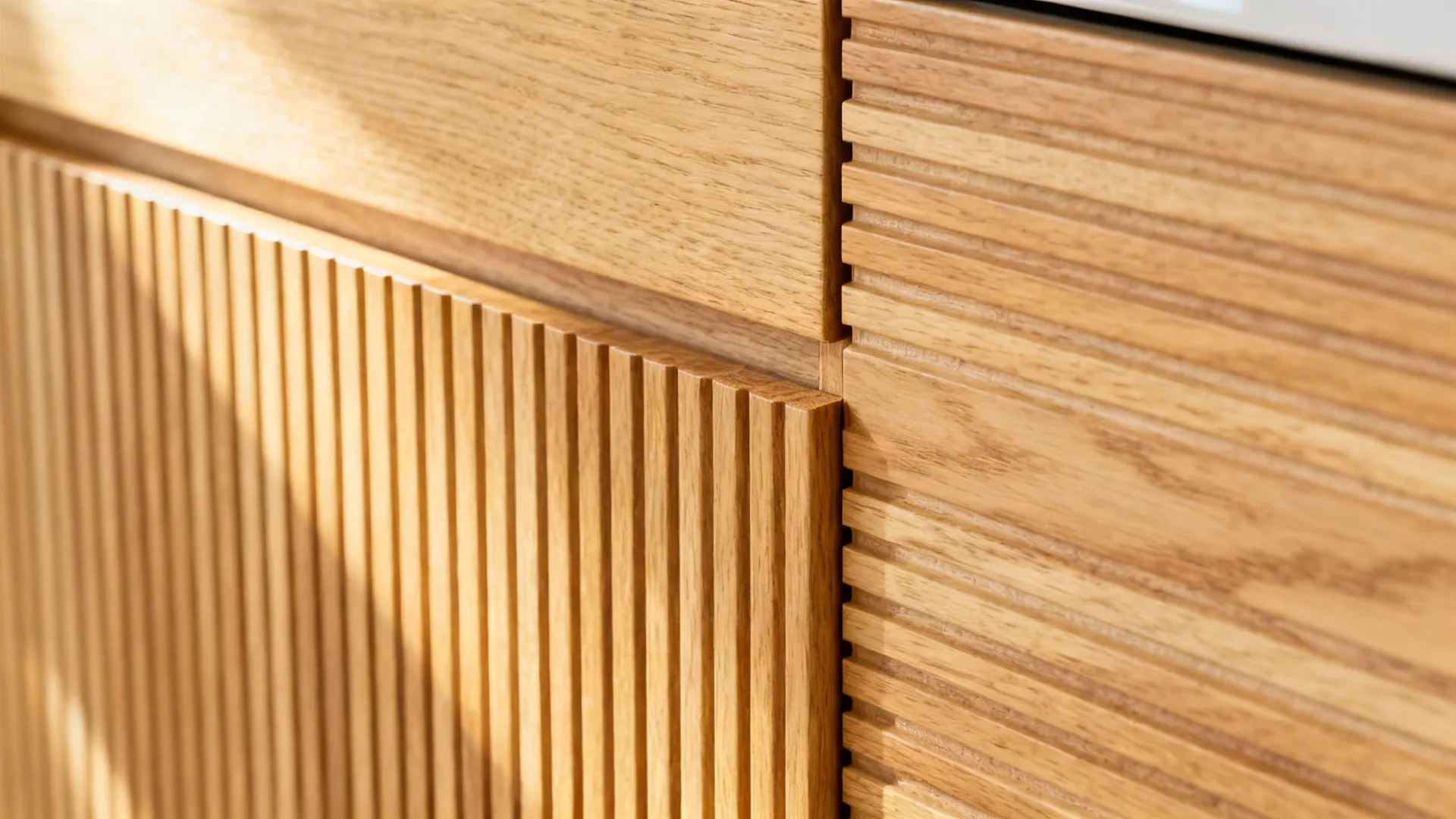 Macro of white-oak slatted appliance veneer with subtle grain and a clean door seam.