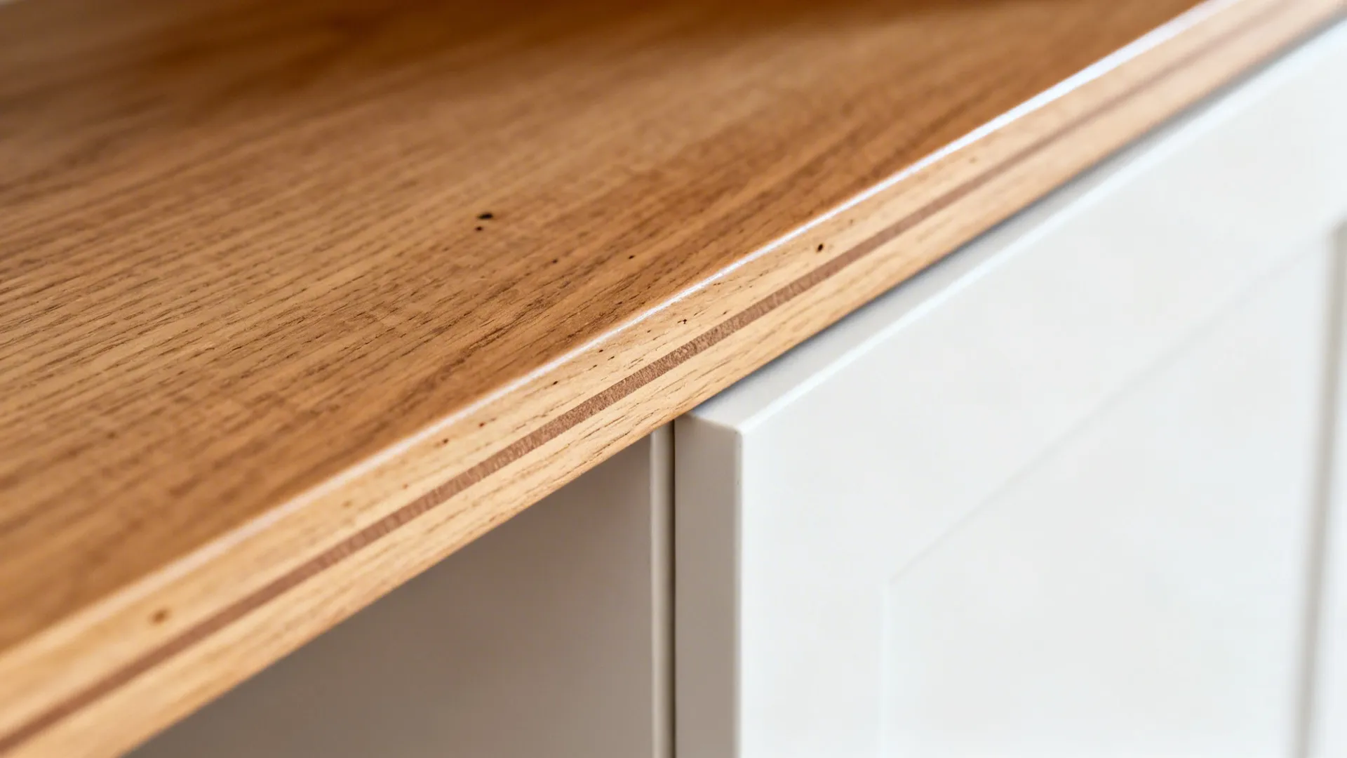 Close up of a natural wood shelf edge on top of a white kitchen cabinet