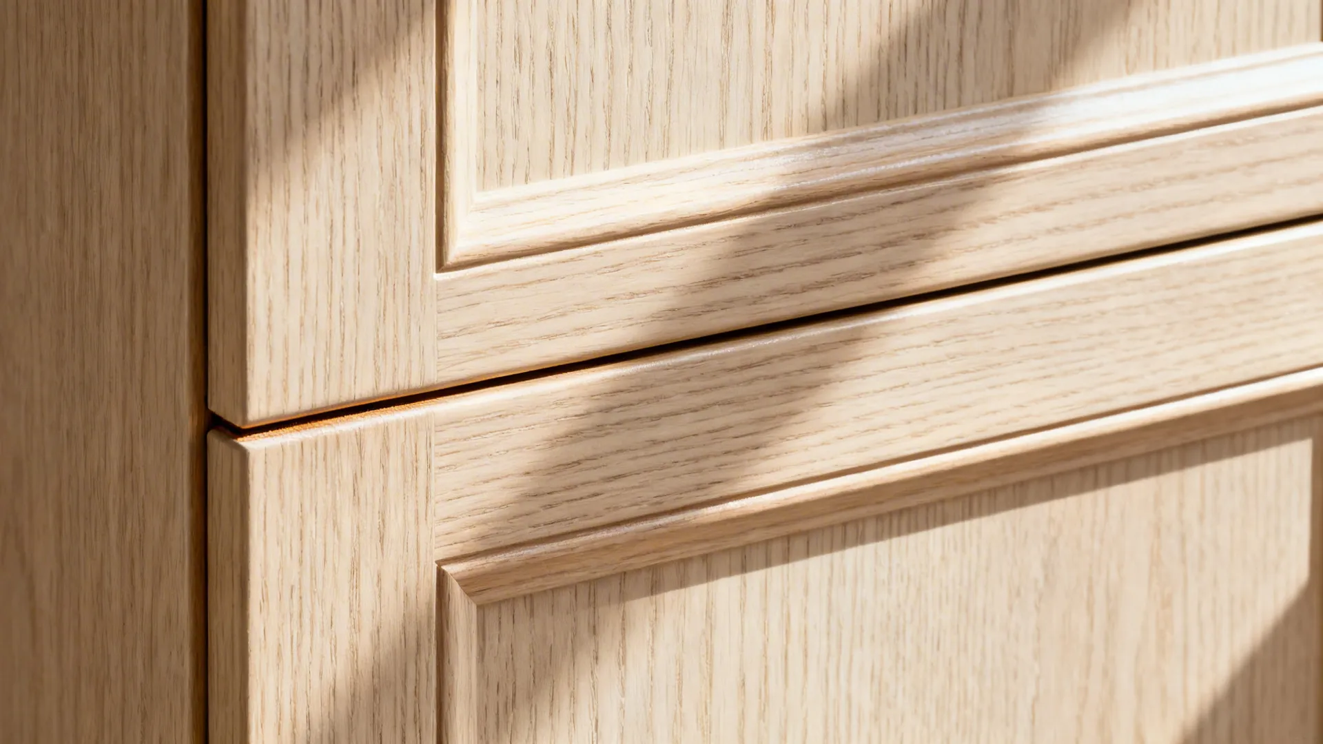 Macro of light white-oak veneer cabinet door with fine grain and clean edge banding.