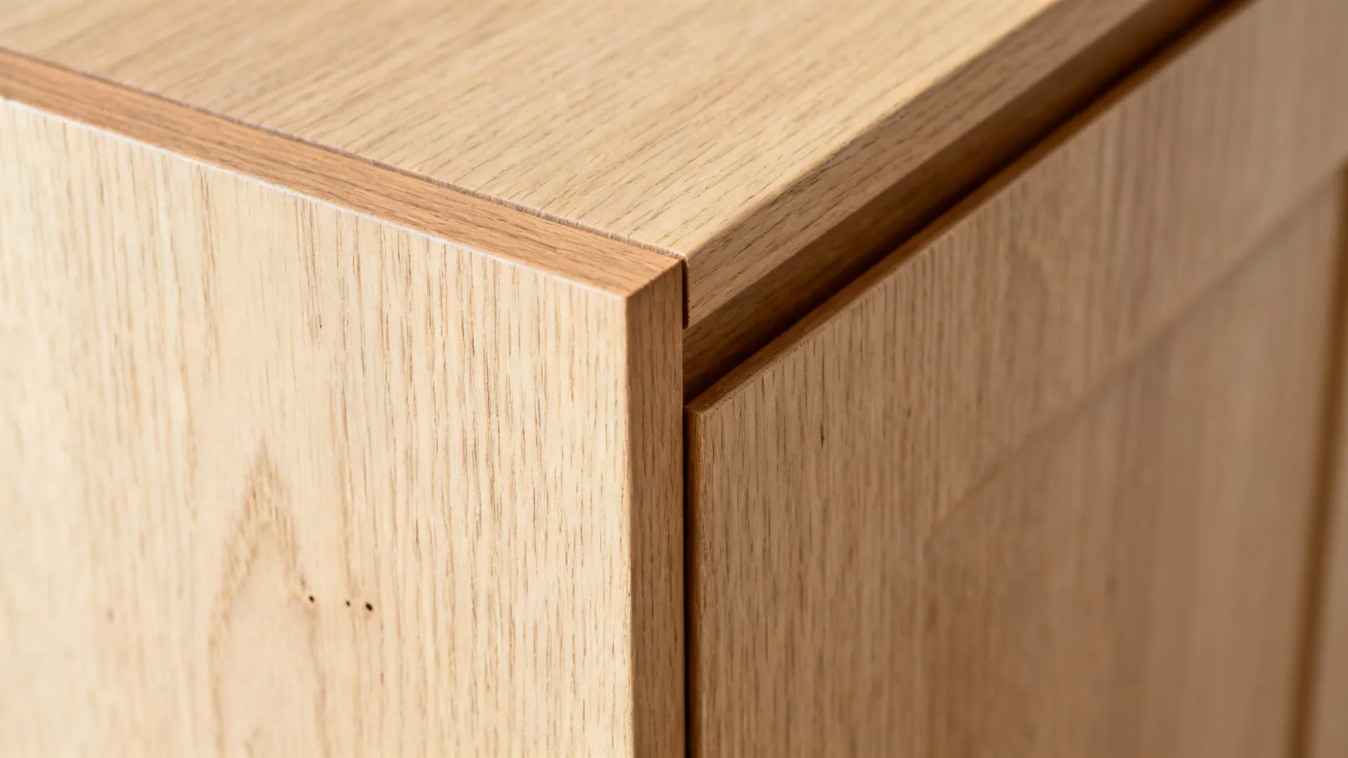 Macro of rift-cut oak veneer with solid edge banding and low-satin finish.